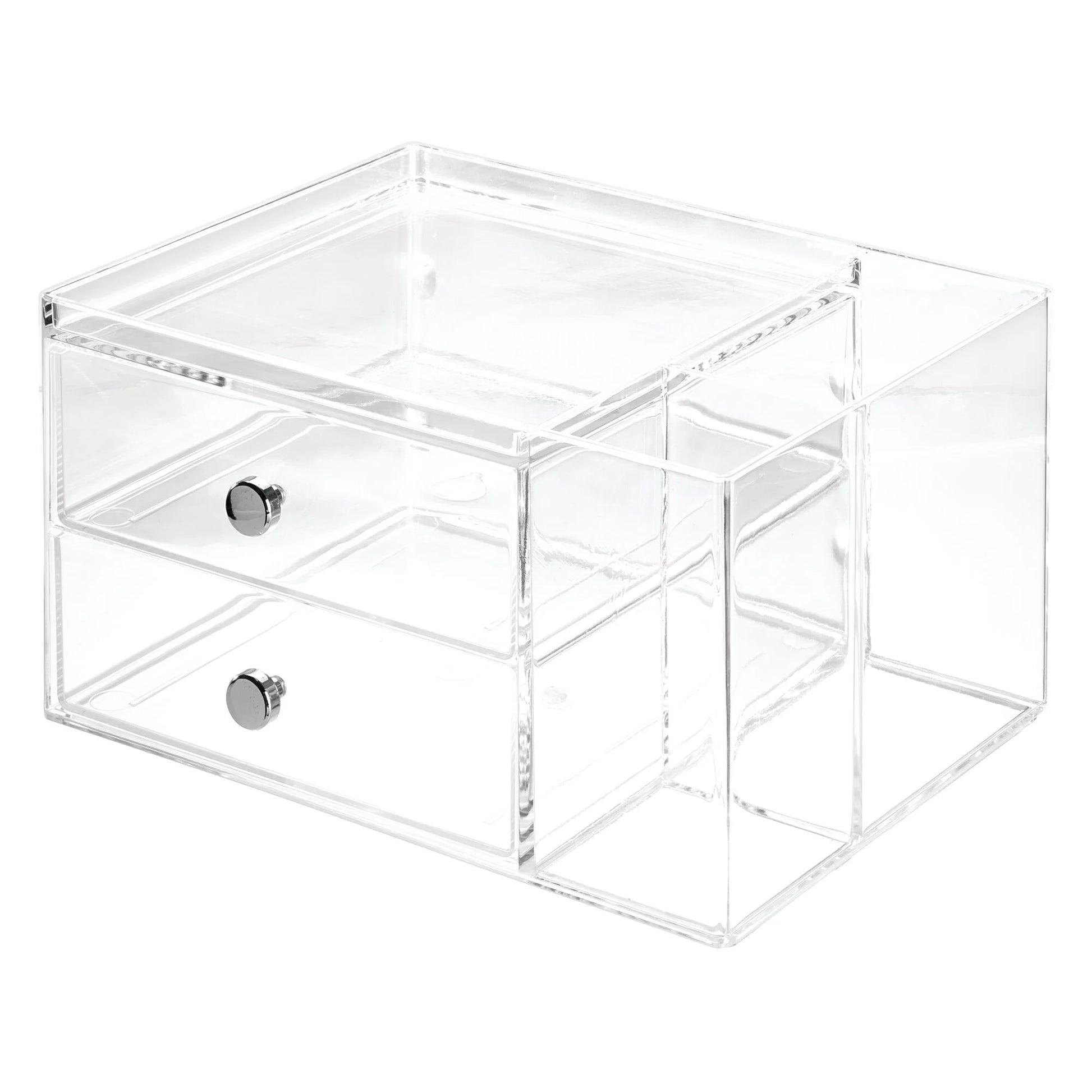 Clarity Cosmetic Organizer for Vanity Cabinet to Hold Makeup, Beauty Products, 2 Drawer with Side Caddy, Clear