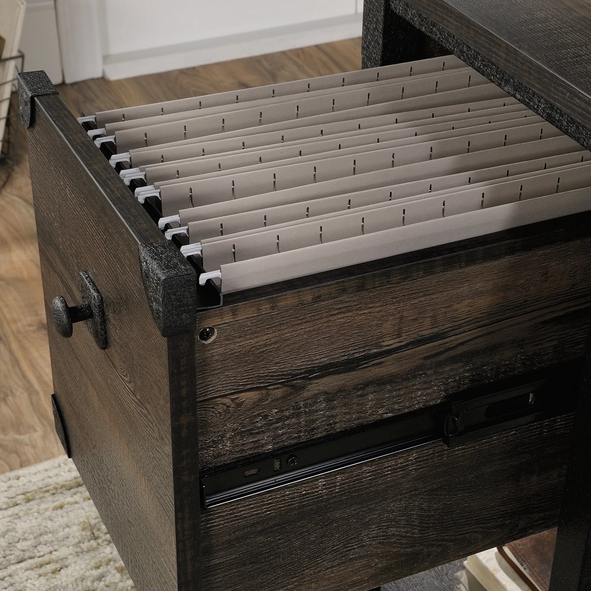 Steel River Pedestal Desk, Carbon Oak Finish
