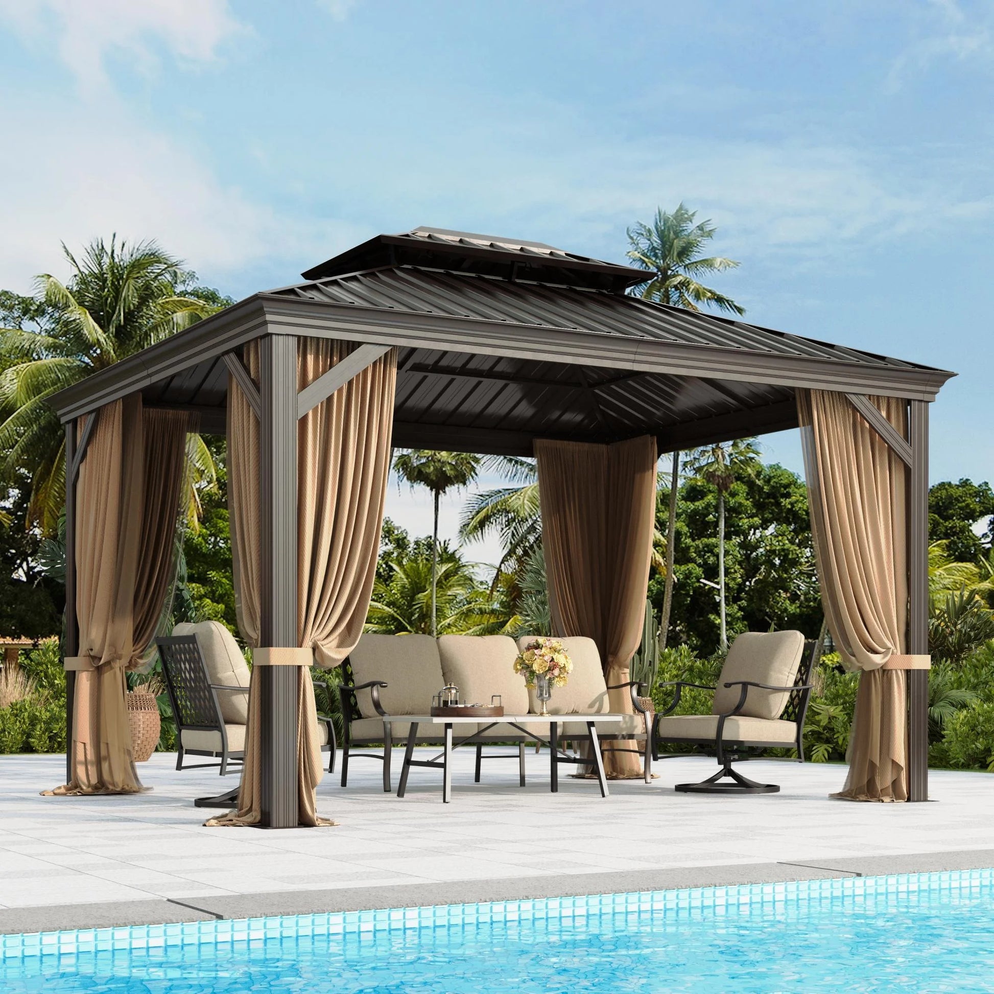 Summit Living 10' X 12' Outdoor Hardtop Gazebo Aluminum Frame Galvanized Steel Double Roof Patio Gazebo with Netting and Curtains Brown
