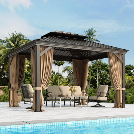 Summit Living 10' X 12' Outdoor Hardtop Gazebo Aluminum Frame Galvanized Steel Double Roof Patio Gazebo with Netting and Curtains Brown