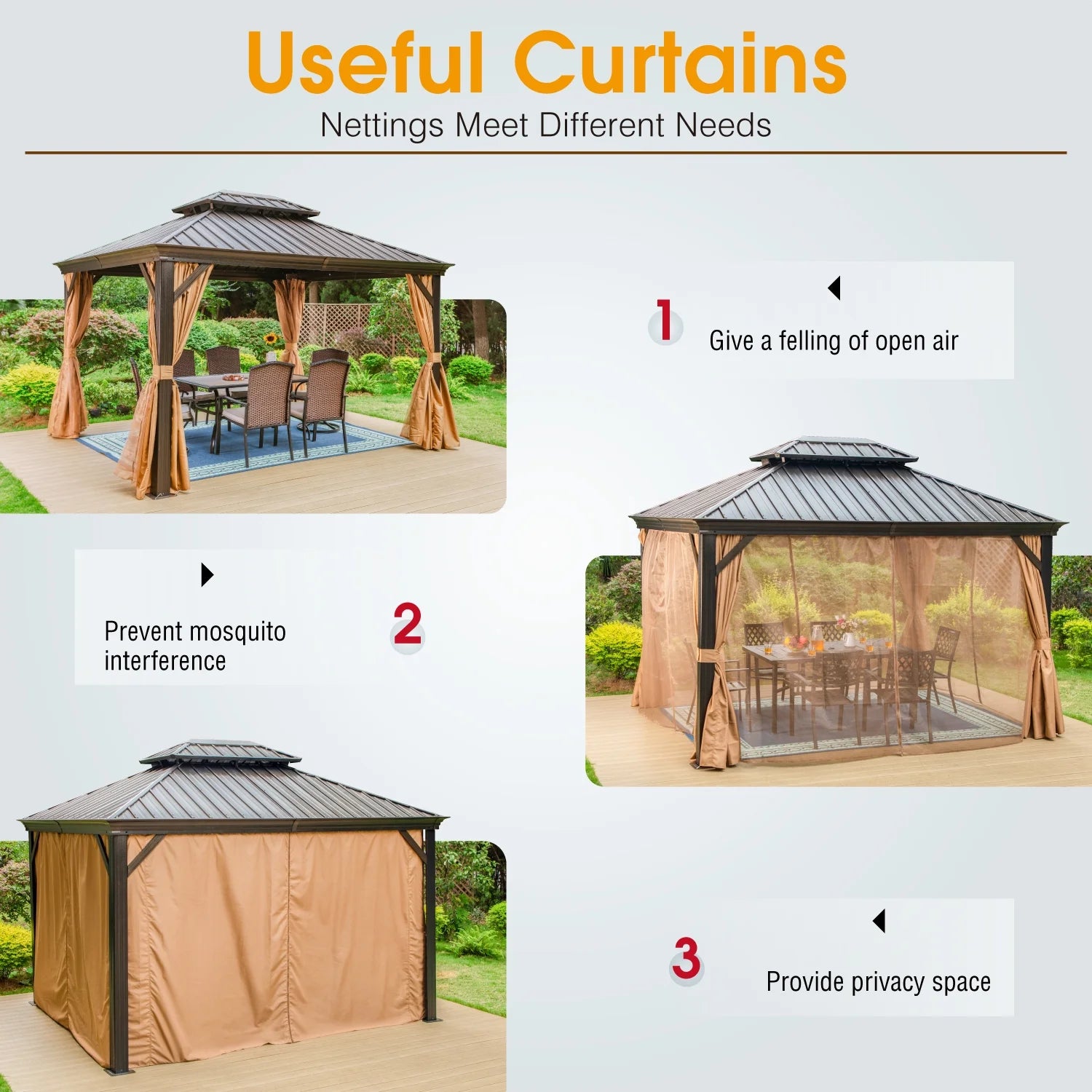 Summit Living 10' X 12' Outdoor Hardtop Gazebo Aluminum Frame Galvanized Steel Double Roof Patio Gazebo with Netting and Curtains Brown