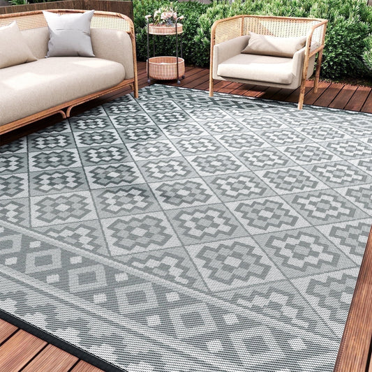 Outdoor Rug 5'X8' Waterproof Reversible Patio Rug Modern Lightweight Plastic Straw Indoor Outdoor Rug for RV Camping Deck Balcony Porch Boho Patio Decor Outdoor Carpet Light Gray