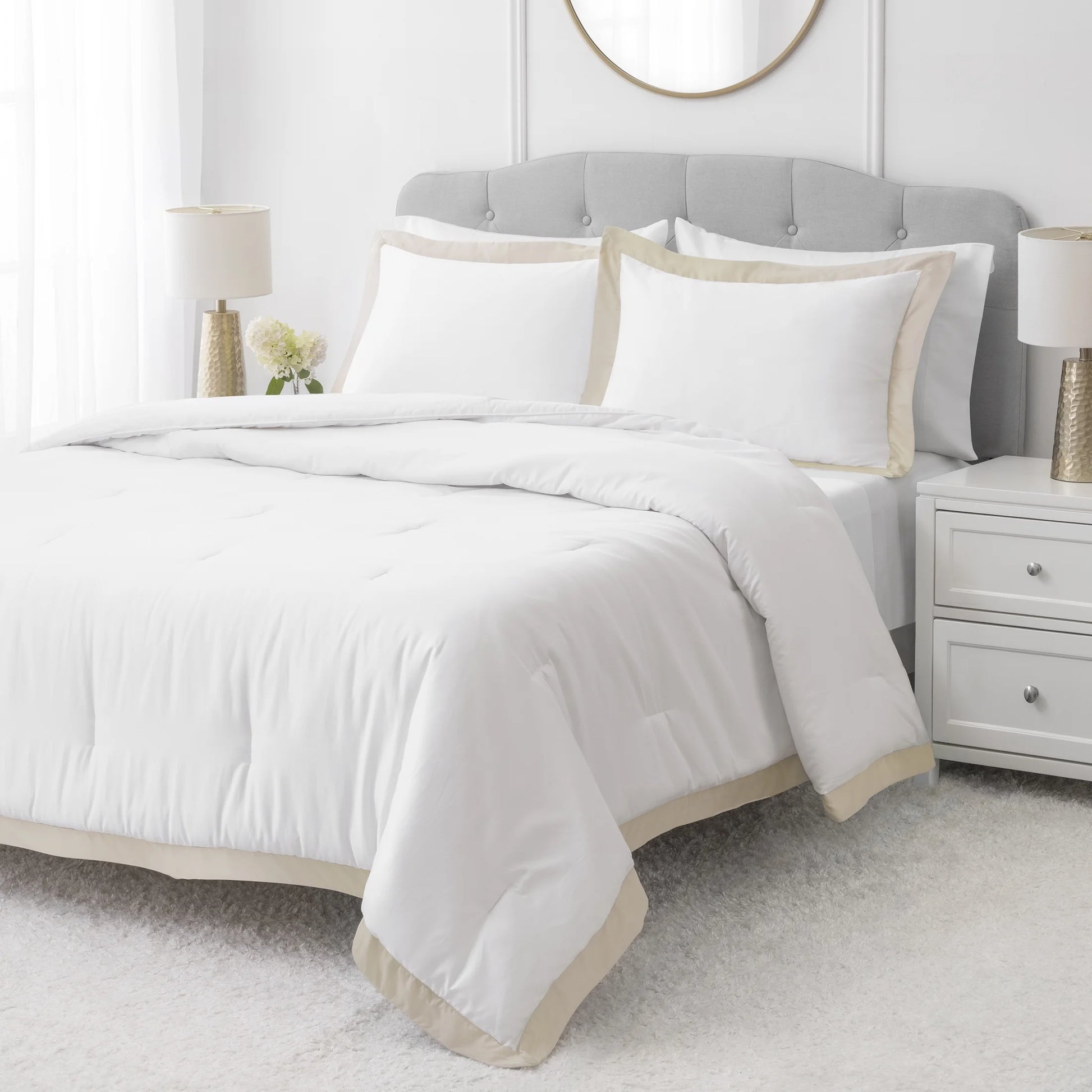 3-Piece Beige/White Egyptian Cotton-Rich Blend Luxury Comforter Set, King
