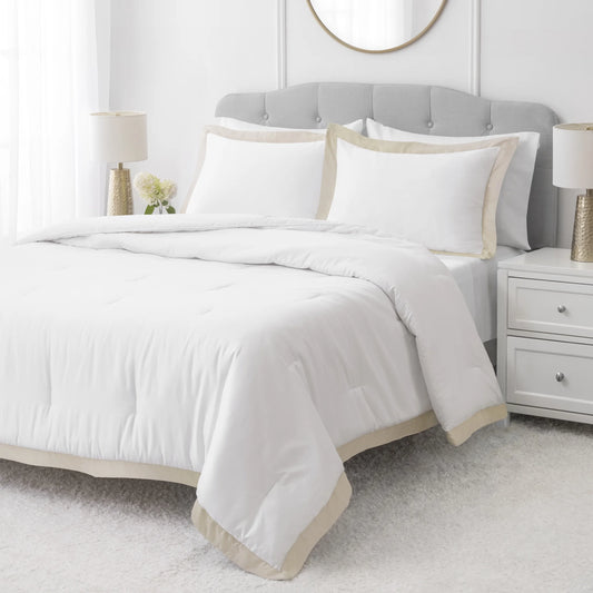 3-Piece Beige/White Egyptian Cotton-Rich Blend Luxury Comforter Set, King
