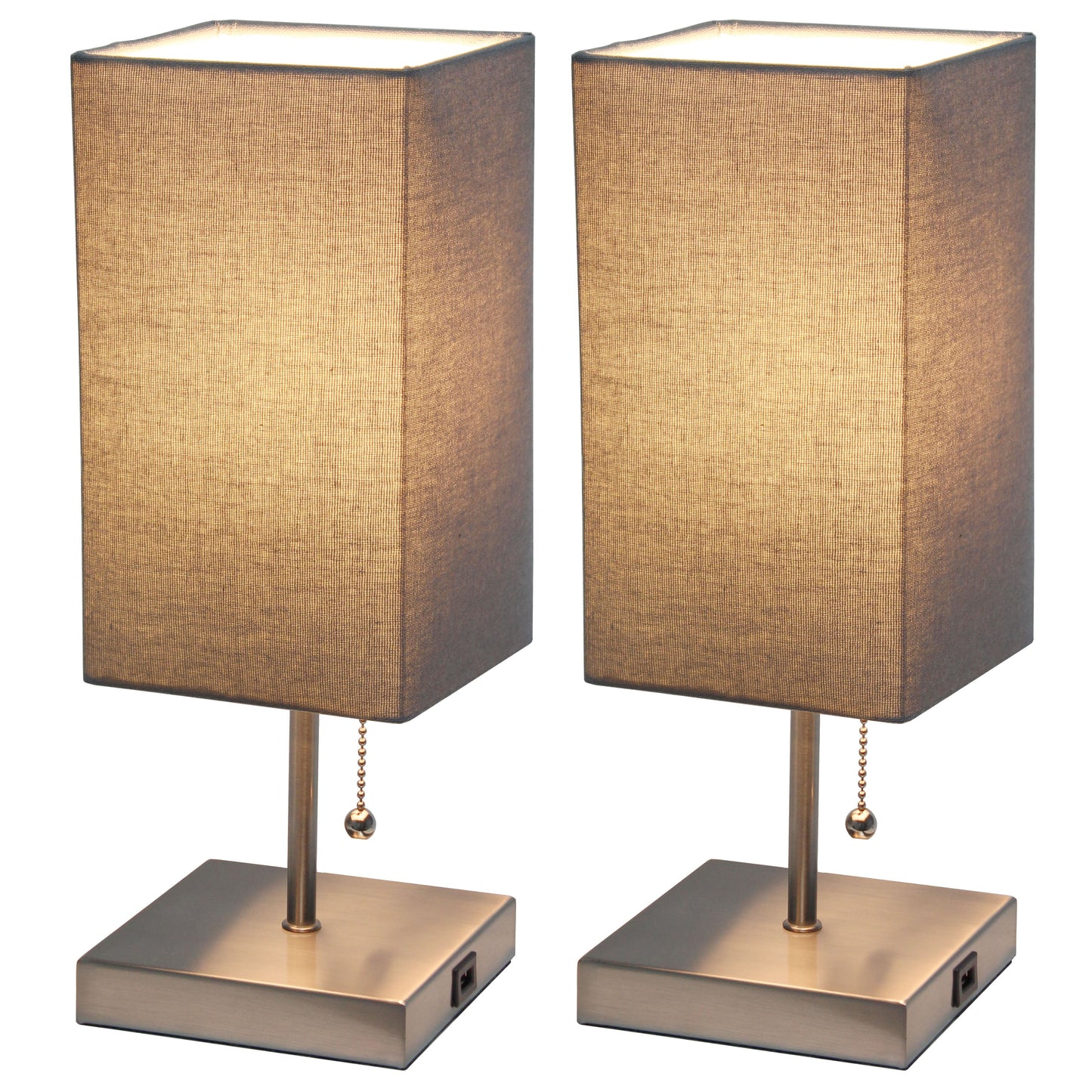 14.25" Petite Brushed Nickel Stick Lamp 2 Pack Set with USB Charging Port, Gray Shade