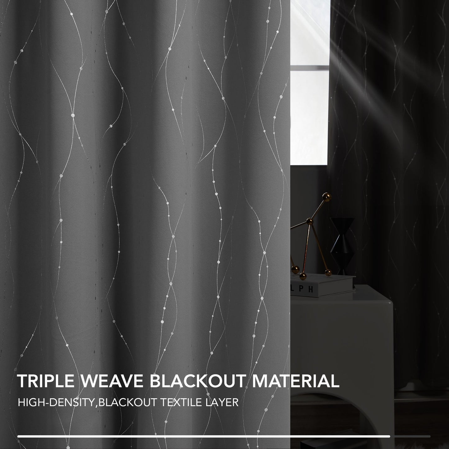 Silver Printed Blackout Curtains - 2 Panels, Wave Dots Pattern, Grommet Top, 52"X95", Thermal Insulated Drapes for Bedroom & Living Room, Gray