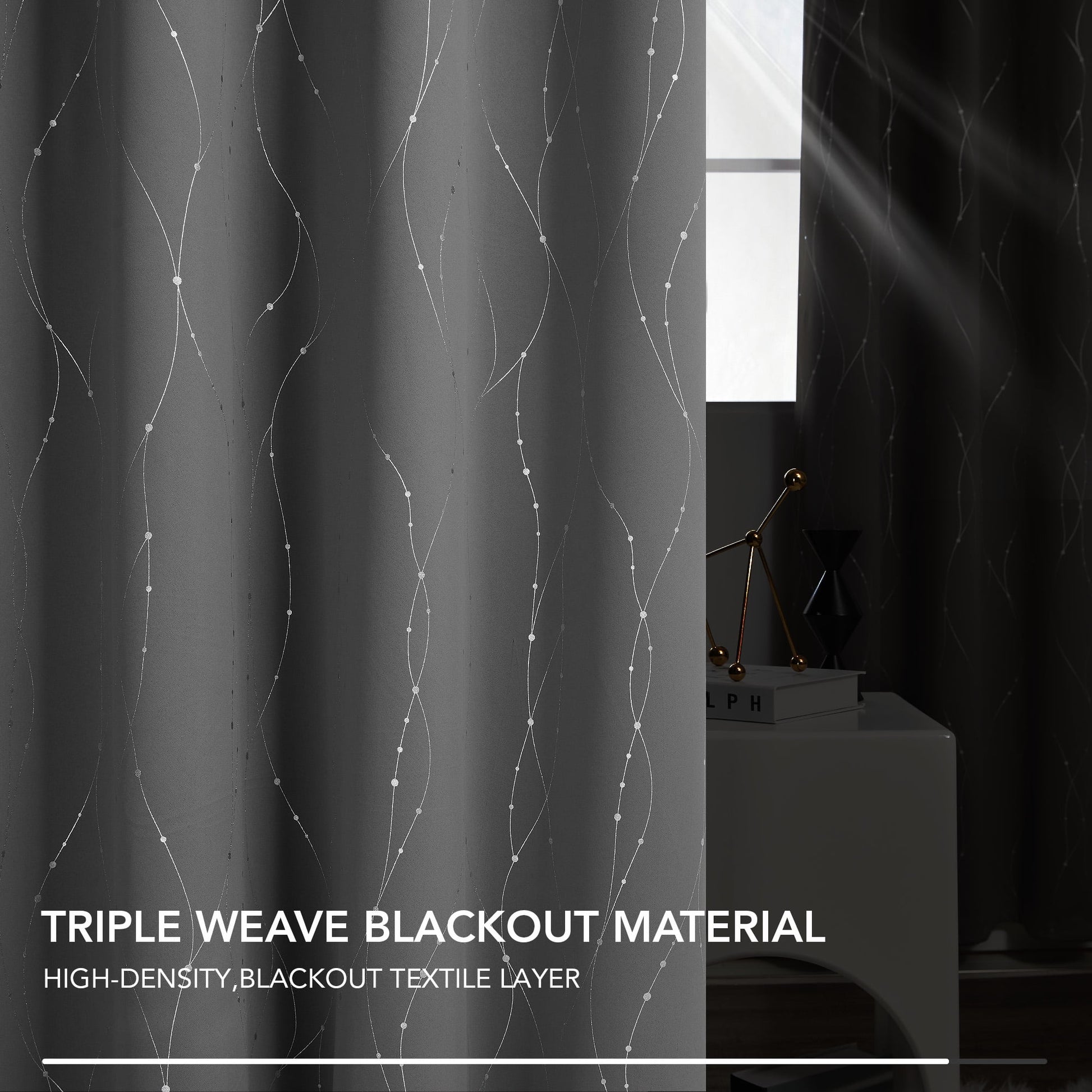 Silver Printed Blackout Curtains - 2 Panels, Wave Dots Pattern, Grommet Top, 52"X95", Thermal Insulated Drapes for Bedroom & Living Room, Gray