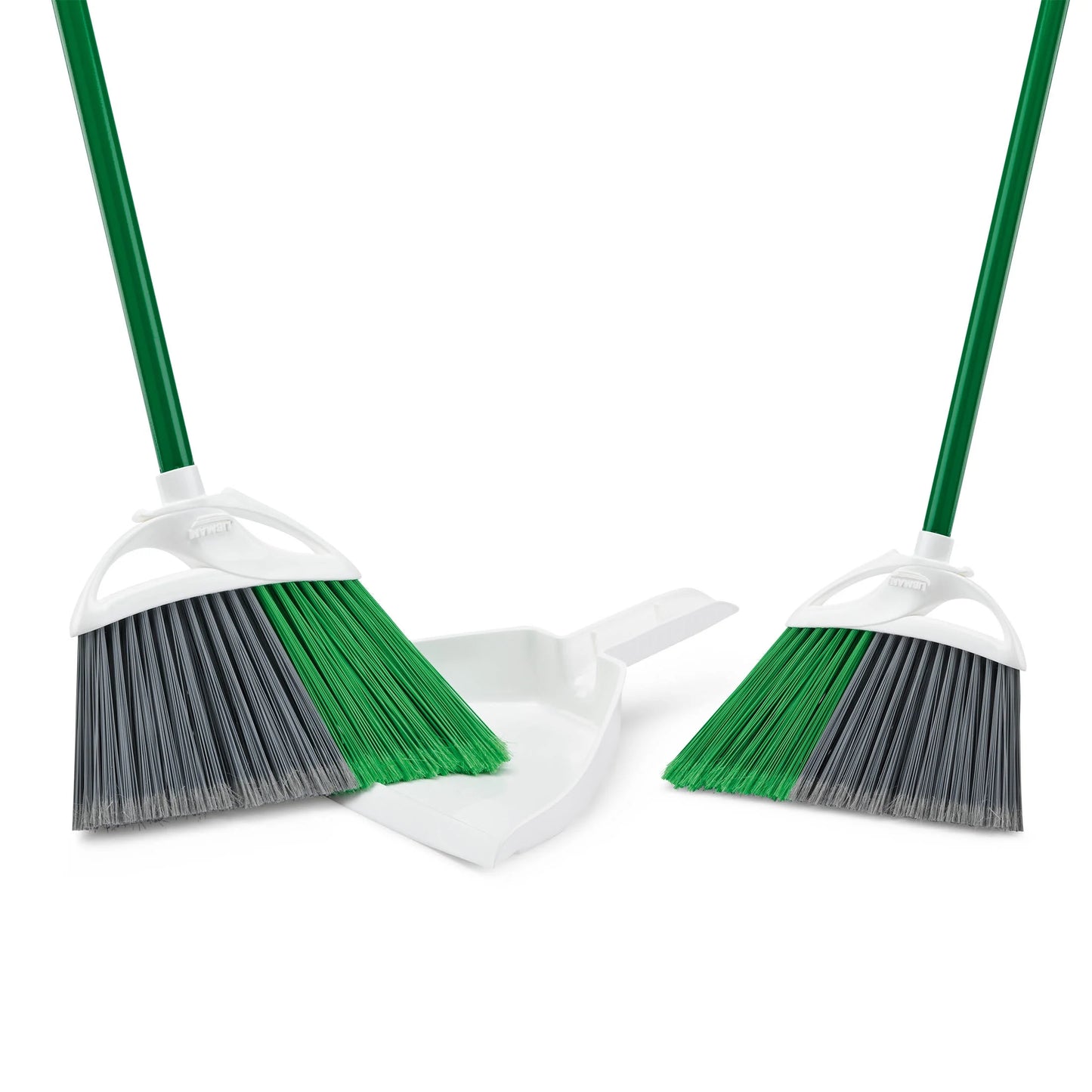 2Pk Precision Angle Brooms and Dust Pan Value Pack Green Steel Handle Dual Broom Fibers