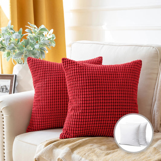 Soft Corduroy Corn Striped Velvet Series Decorative Throw Pillow, 22" X 22", Red, 2 Pack