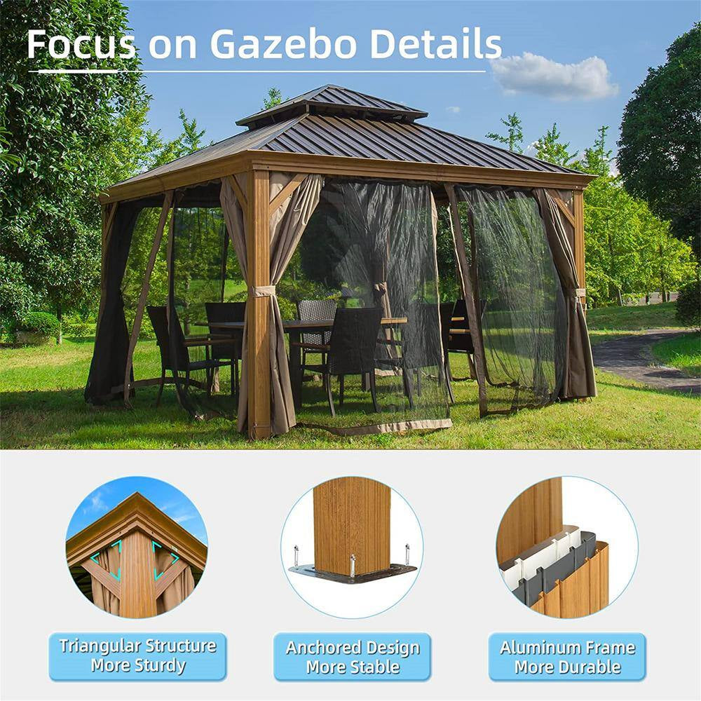 12 Ft. X 12 Ft. Wooden Coated Aluminum Frame Canopy with Galvanized Steel Double Roof with Curtains and Netting