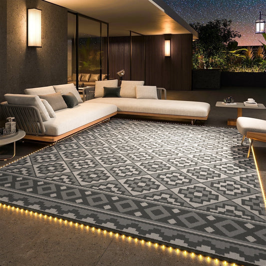 Outdoor Rug with LED Strip Lights 6'X9' Waterproof Reversible Patio Rug Foldable Plastic Straw Indoor Outdoor Rug for RV Camping Deck Balcony Porch Modern Boho Patio Decor Checkered Rug Grey