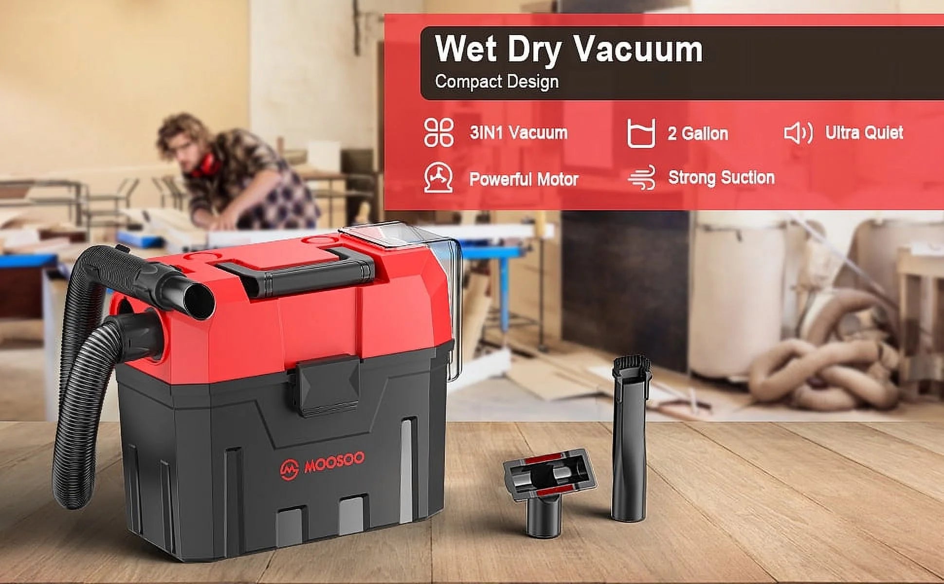 Small , Portable Wet and Dry Vacuum, Cordless Vacuum with Blower Function, 2 Gallon Large Dust Tank, Rich Attachments, Ideal for Home/Garage/Garden - L7