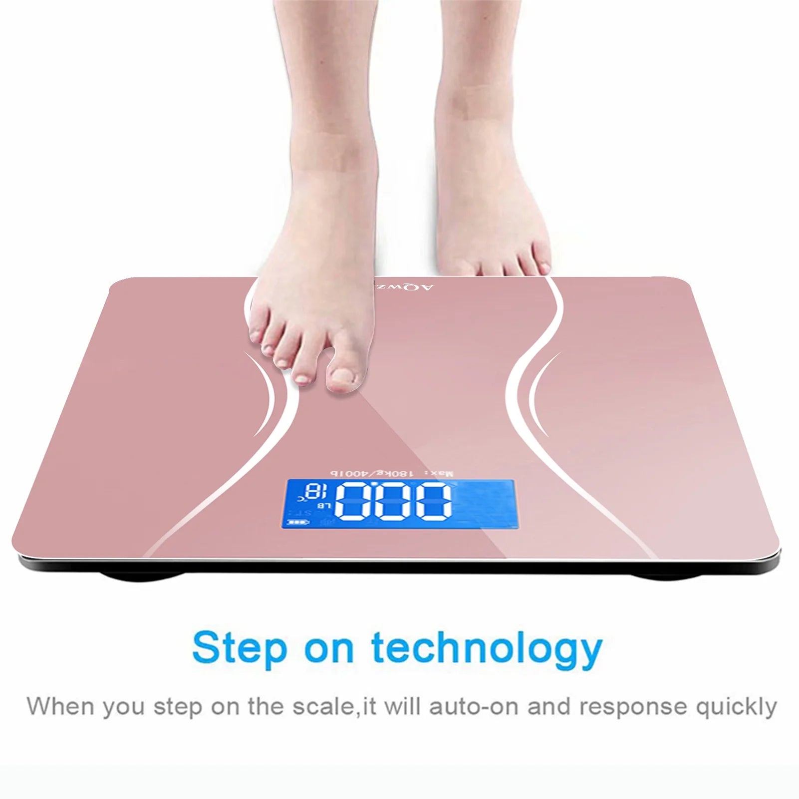 Bathroom Body Weight Scale with Step-On Technology, 396 Lbs, Body Tape Measure Included, Pink
