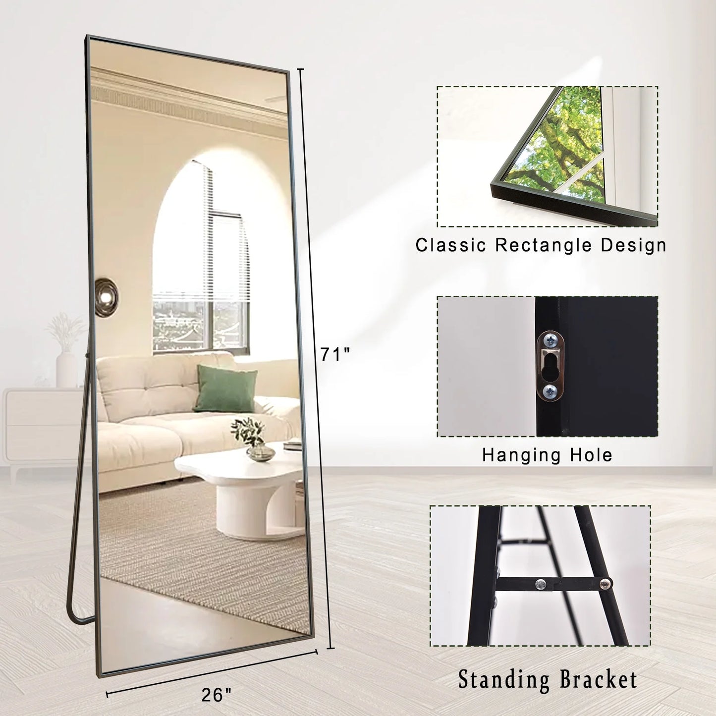 71"X26" Full Length Mirror Oversized Rectangle Body Dressing Floor Mirrors for Standing Leaning, Black