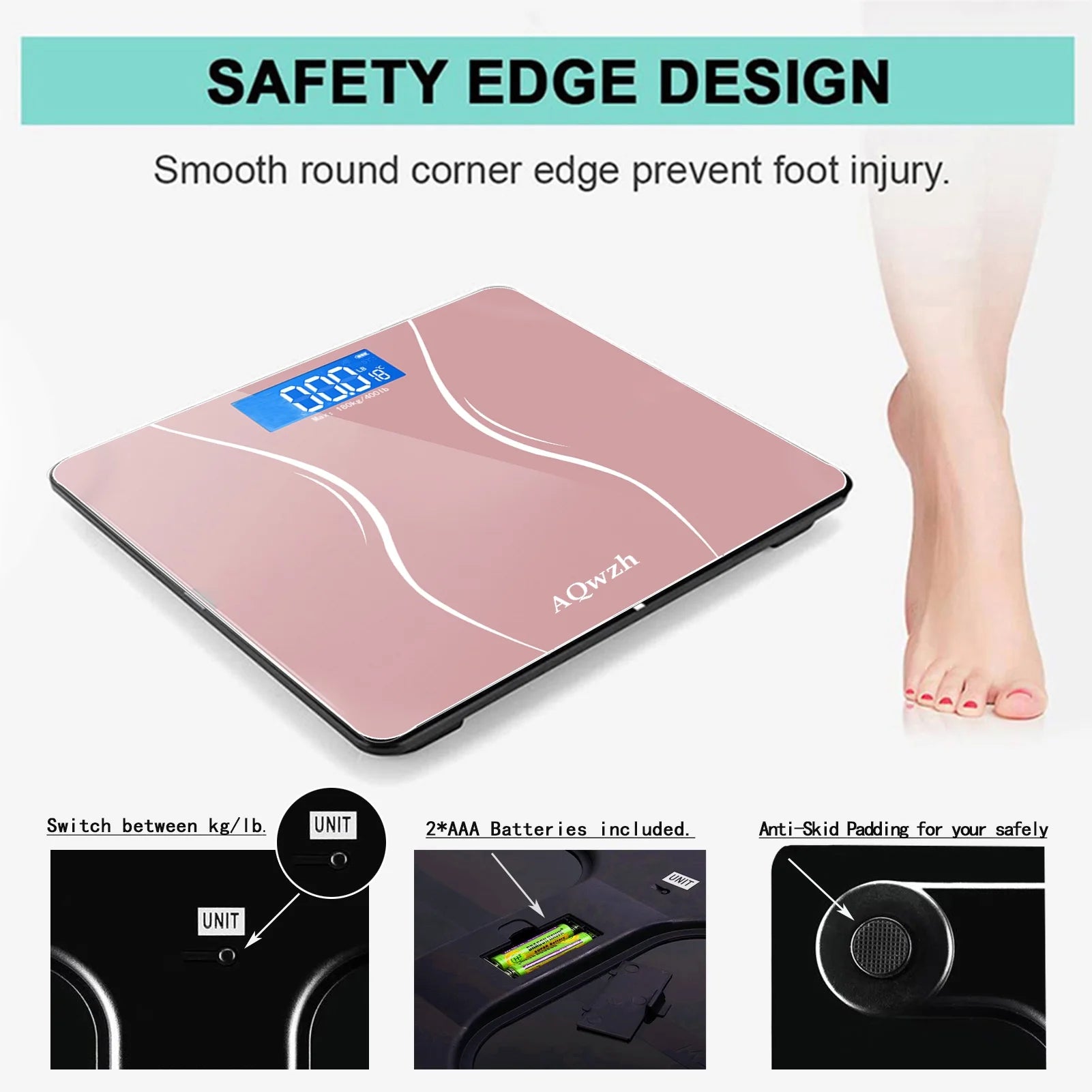 Bathroom Body Weight Scale with Step-On Technology, 396 Lbs, Body Tape Measure Included, Pink