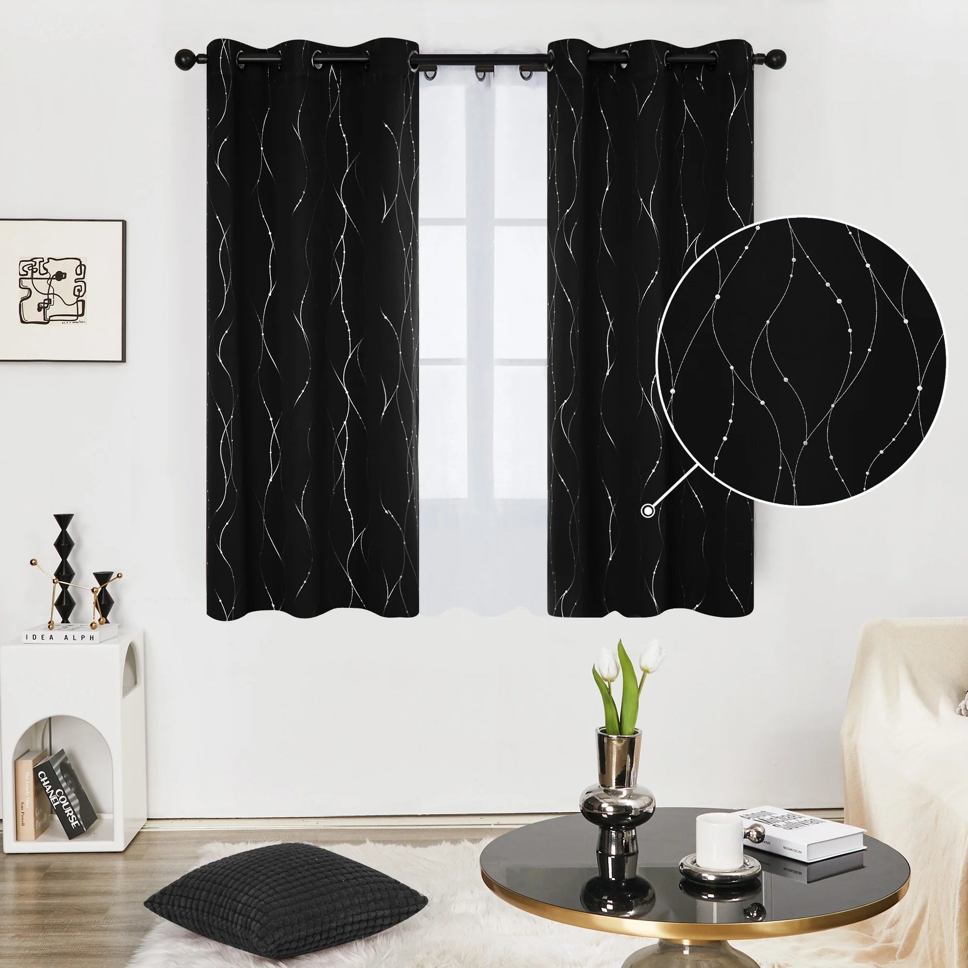 Silver Printed Blackout Curtains - 2 Panels, Wave Dots Pattern, Grommet Top, 52"X95", Thermal Insulated Drapes for Bedroom & Living Room, Gray