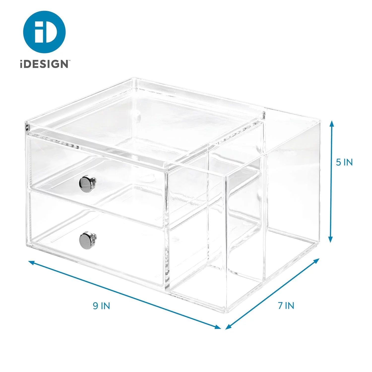 Clarity Cosmetic Organizer for Vanity Cabinet to Hold Makeup, Beauty Products, 2 Drawer with Side Caddy, Clear