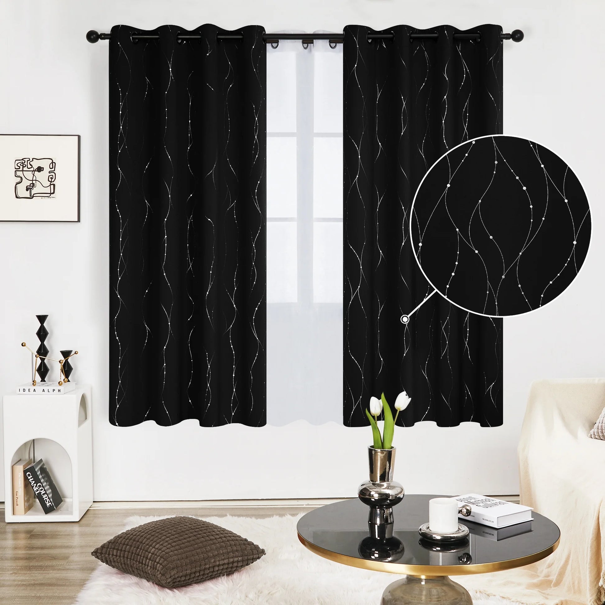 Silver Printed Blackout Curtains - 2 Panels, Wave Dots Pattern, Grommet Top, 52"X95", Thermal Insulated Drapes for Bedroom & Living Room, Gray