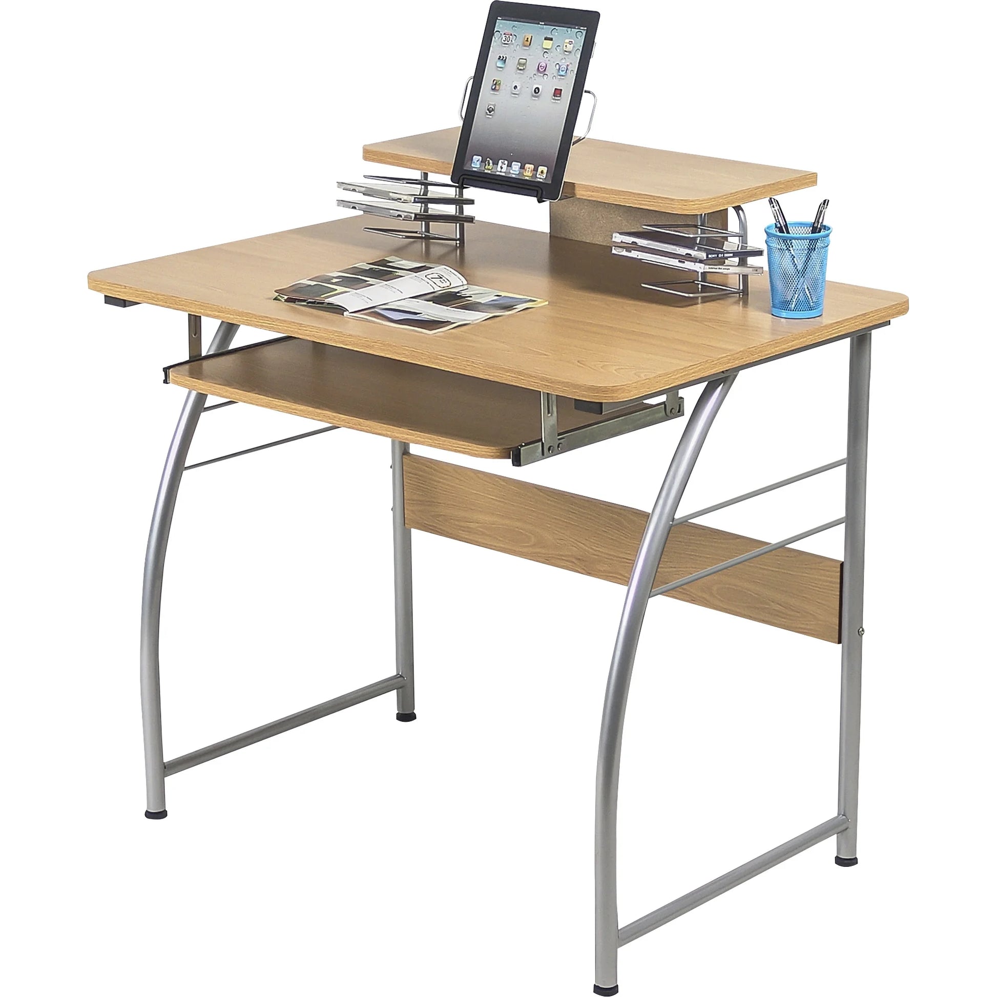 Computer Desk with Upper Shelf - Laminated Rectangle Top - 23.60" Table Top Width X 35.40" Table Top Depth - 35.20" Heightassembly Required - Maple - Metal - 1 Each