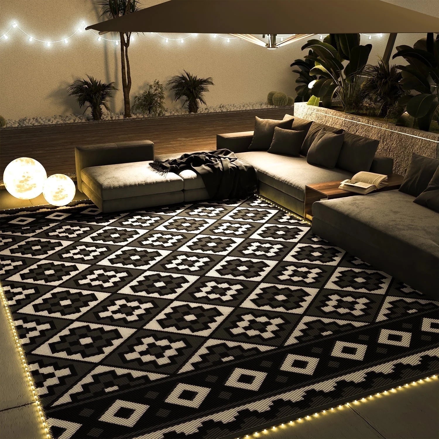 Outdoor Rug with LED Strip Lights 6'X9' Waterproof Reversible Patio Rug Foldable Plastic Straw Indoor Outdoor Rug for RV Camping Deck Balcony Porch Modern Boho Patio Decor Checkered Rug Grey