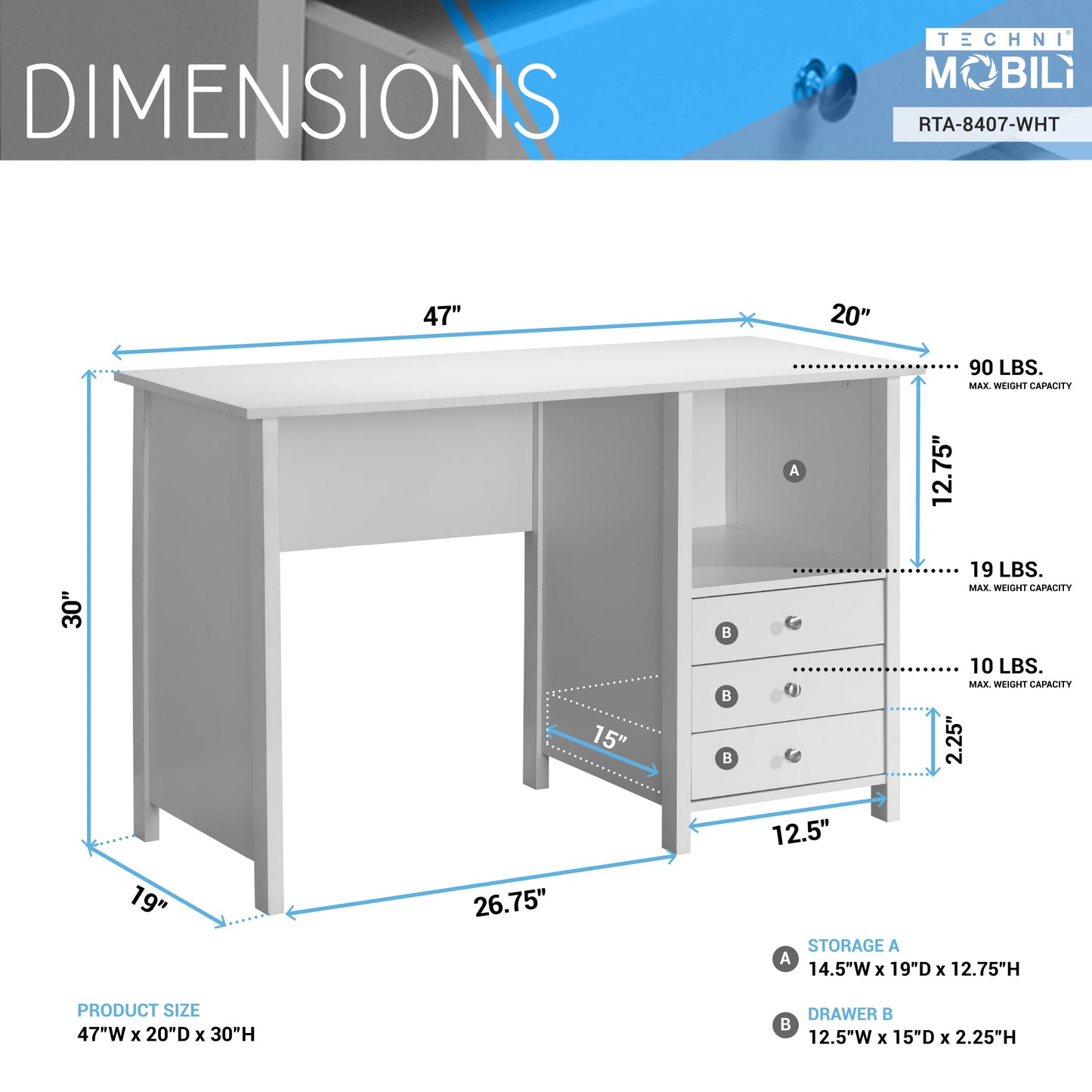 Contemporary 3-Drawer Computer Desk, White