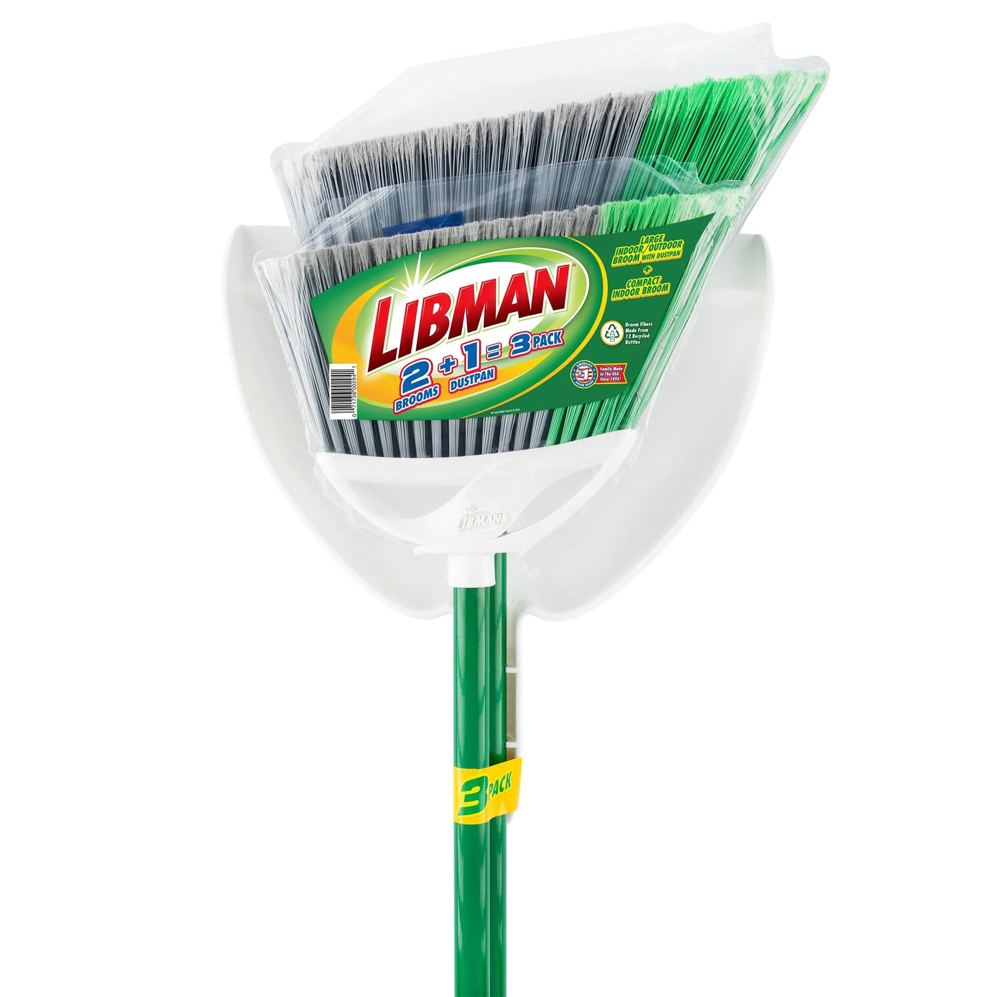 2Pk Precision Angle Brooms and Dust Pan Value Pack Green Steel Handle Dual Broom Fibers