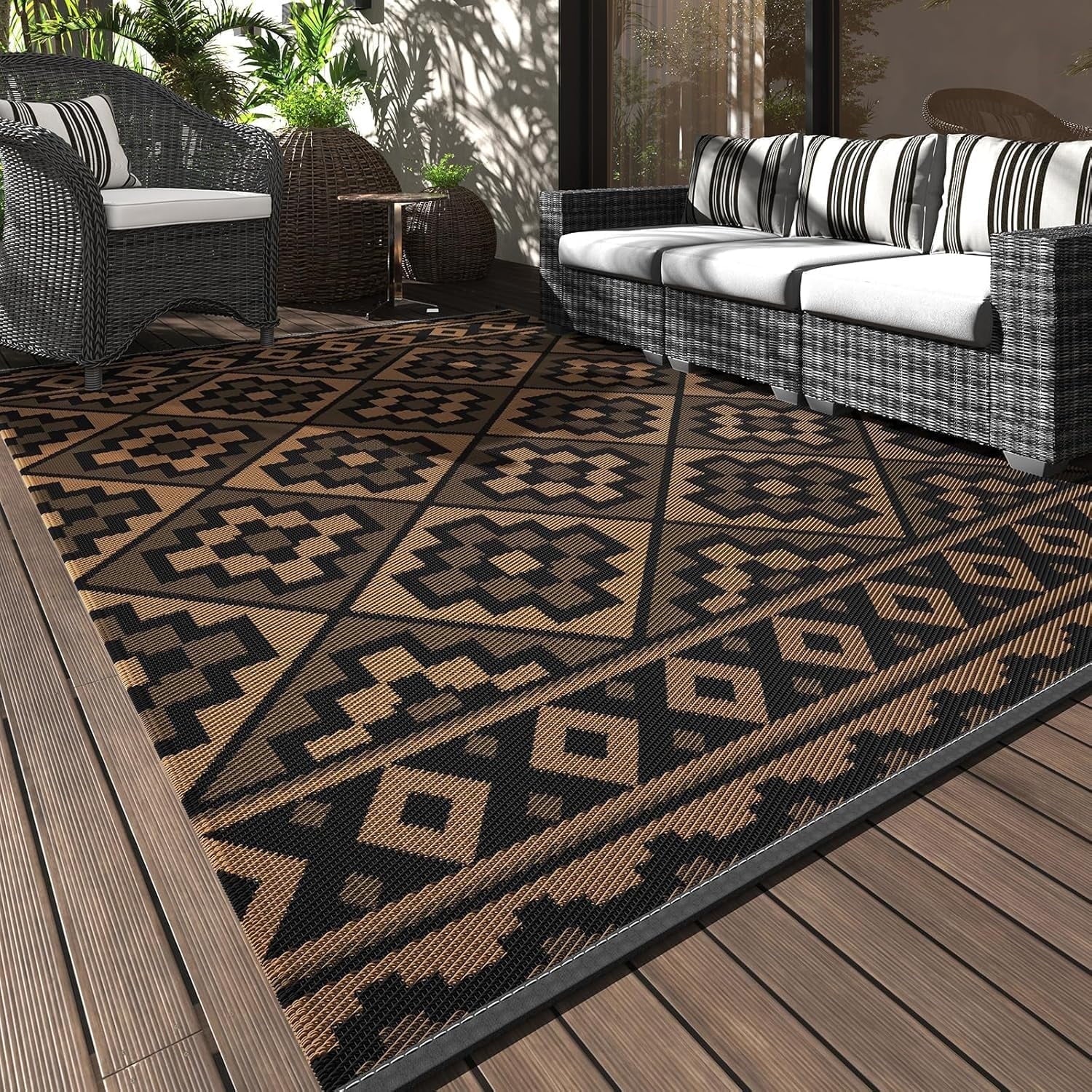 Outdoor Rug with LED Strip Lights 6'X9' Waterproof Reversible Patio Rug Foldable Plastic Straw Indoor Outdoor Rug for RV Camping Deck Balcony Porch Modern Boho Patio Decor Checkered Rug Grey