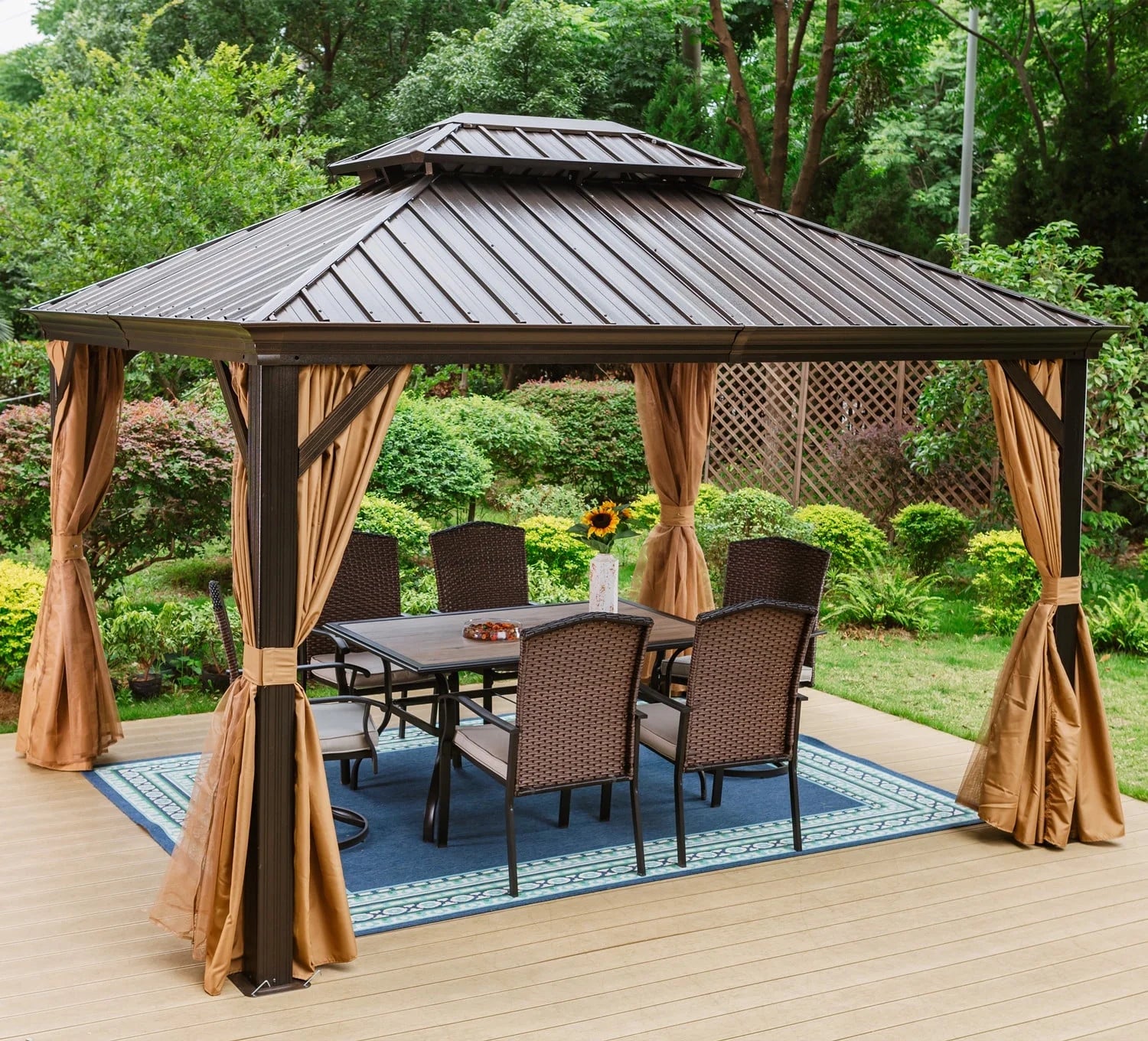 Summit Living 10' X 12' Outdoor Hardtop Gazebo Aluminum Frame Galvanized Steel Double Roof Patio Gazebo with Netting and Curtains Brown