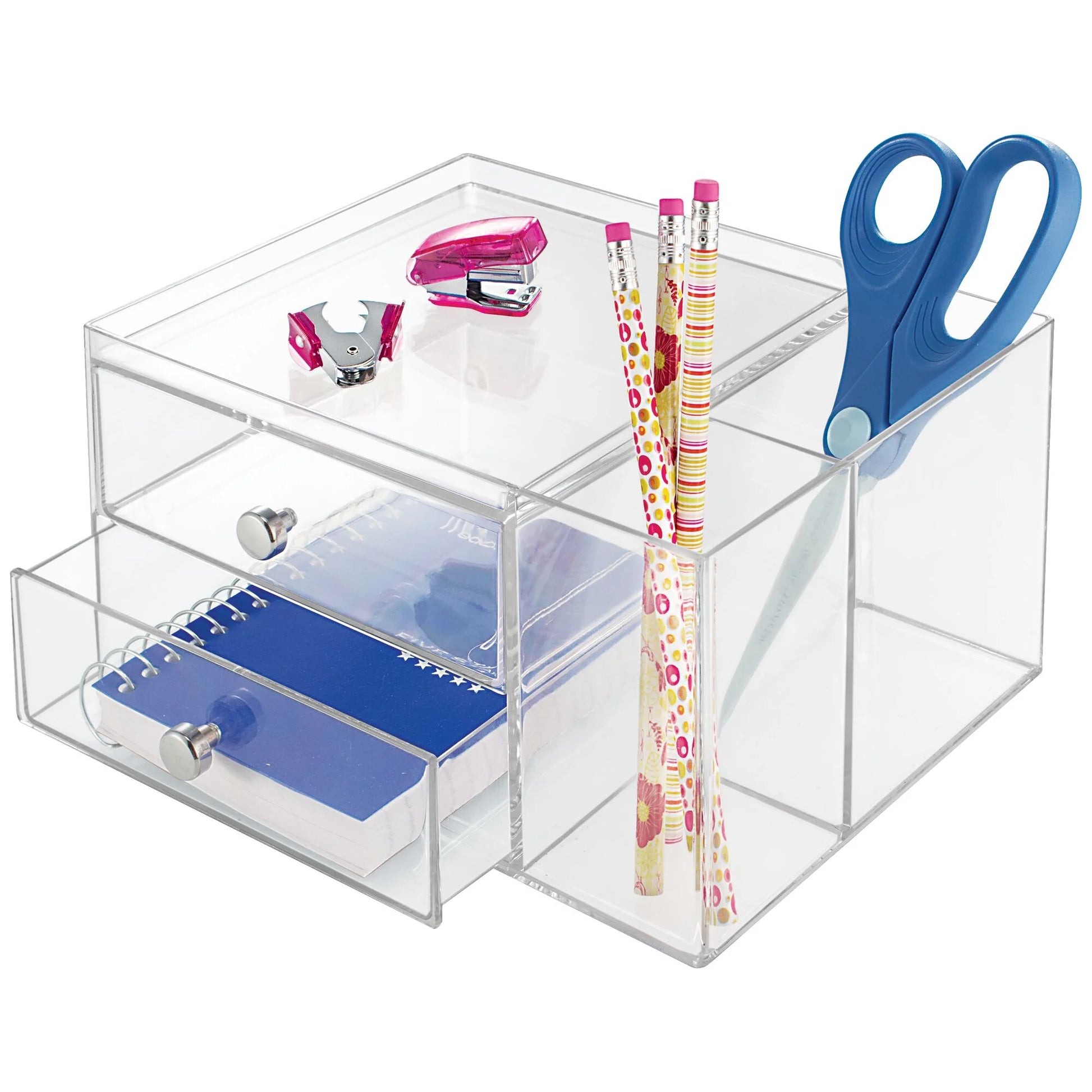 Clarity Cosmetic Organizer for Vanity Cabinet to Hold Makeup, Beauty Products, 2 Drawer with Side Caddy, Clear