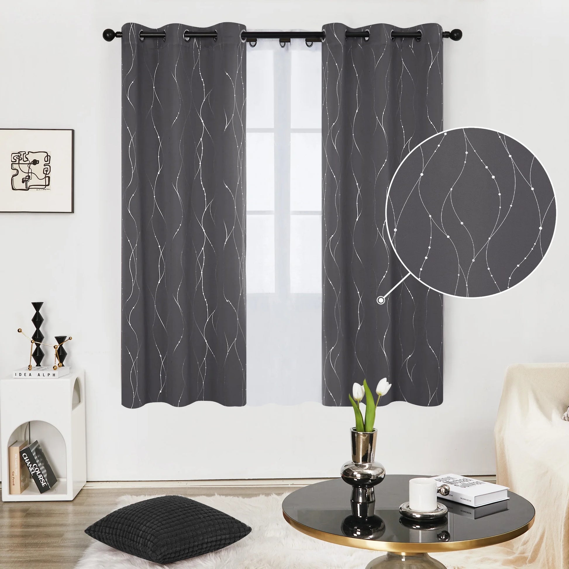 Silver Printed Blackout Curtains - 2 Panels, Wave Dots Pattern, Grommet Top, 52"X95", Thermal Insulated Drapes for Bedroom & Living Room, Gray