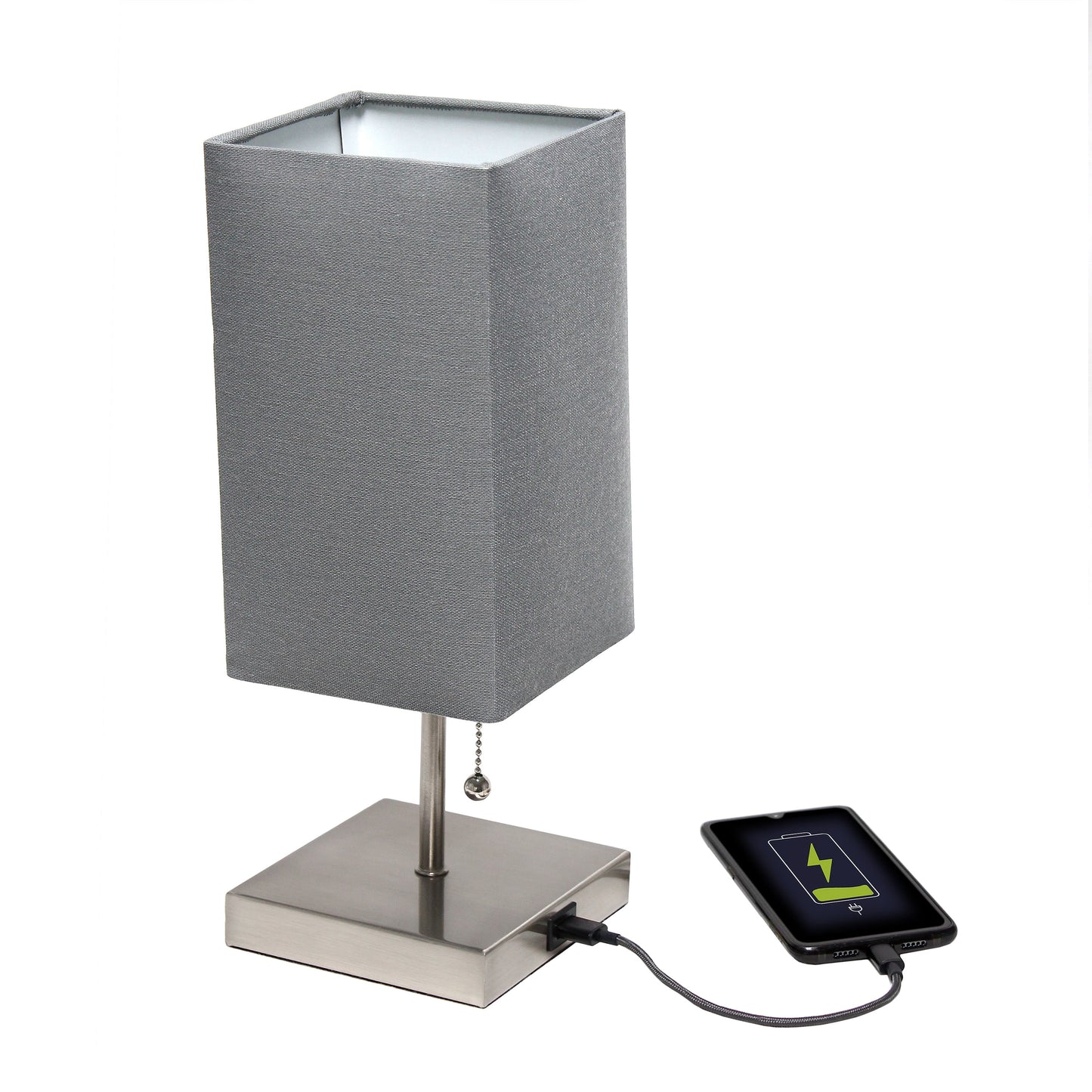 14.25" Petite Brushed Nickel Stick Lamp 2 Pack Set with USB Charging Port, Gray Shade