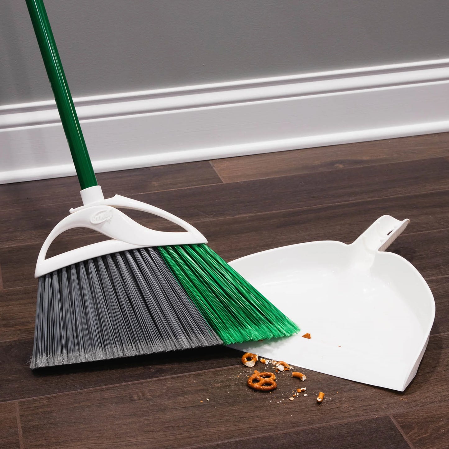 2Pk Precision Angle Brooms and Dust Pan Value Pack Green Steel Handle Dual Broom Fibers