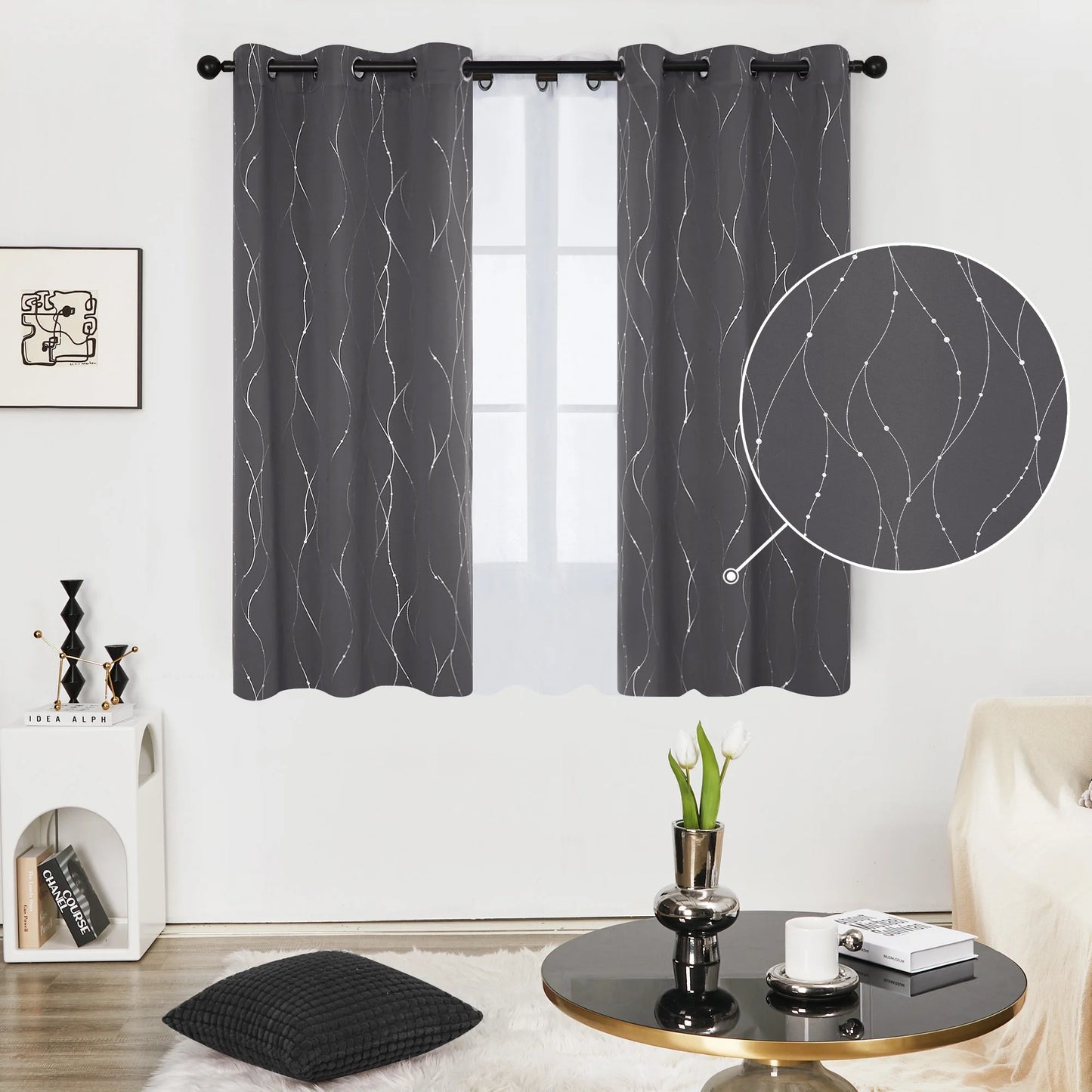 Silver Printed Blackout Curtains - 2 Panels, Wave Dots Pattern, Grommet Top, 52"X95", Thermal Insulated Drapes for Bedroom & Living Room, Gray