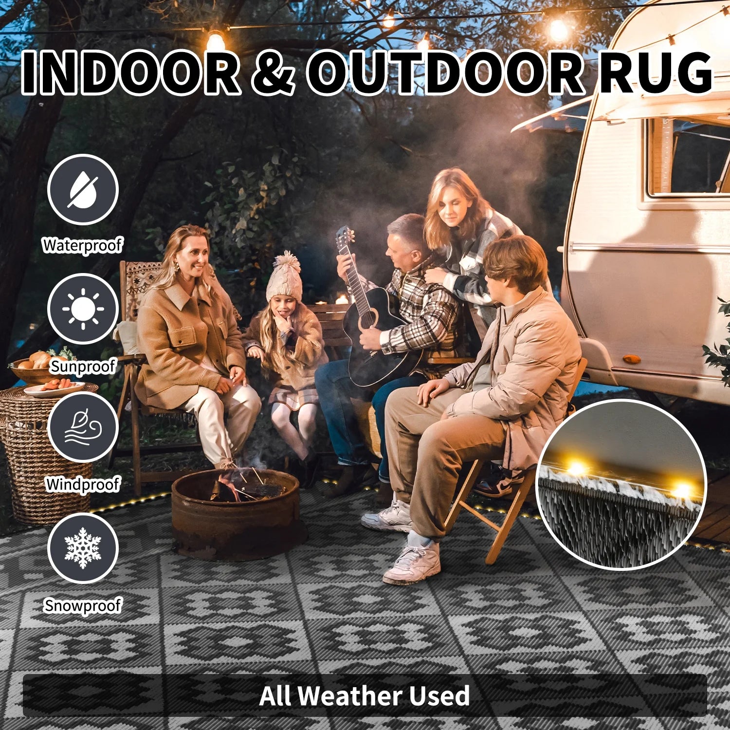 Outdoor Rug with LED Strip Lights 6'X9' Waterproof Reversible Patio Rug Foldable Plastic Straw Indoor Outdoor Rug for RV Camping Deck Balcony Porch Modern Boho Patio Decor Checkered Rug Grey