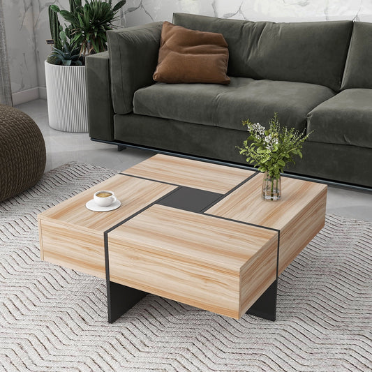 Unique Coffee Table, Side End Table with 4 Hidden Storage Compartments, Extendable Sliding Tabletop Accent Table for Living Room, Brown