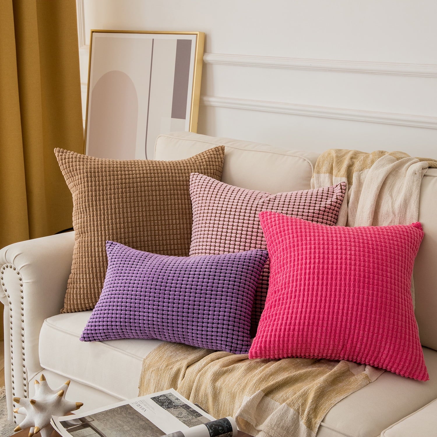 Soft Corduroy Corn Striped Velvet Series Decorative Throw Pillow, 22" X 22", Red, 2 Pack