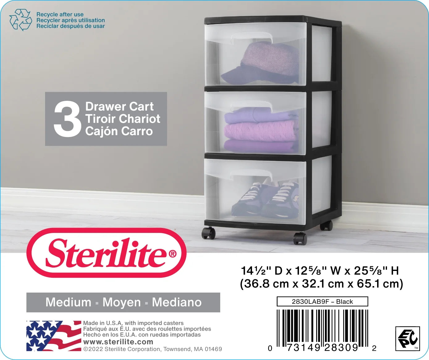 Storage Drawer, 3 Drawer Slim Plastic Storage Cart with Clear Pull Out Drawers, Black