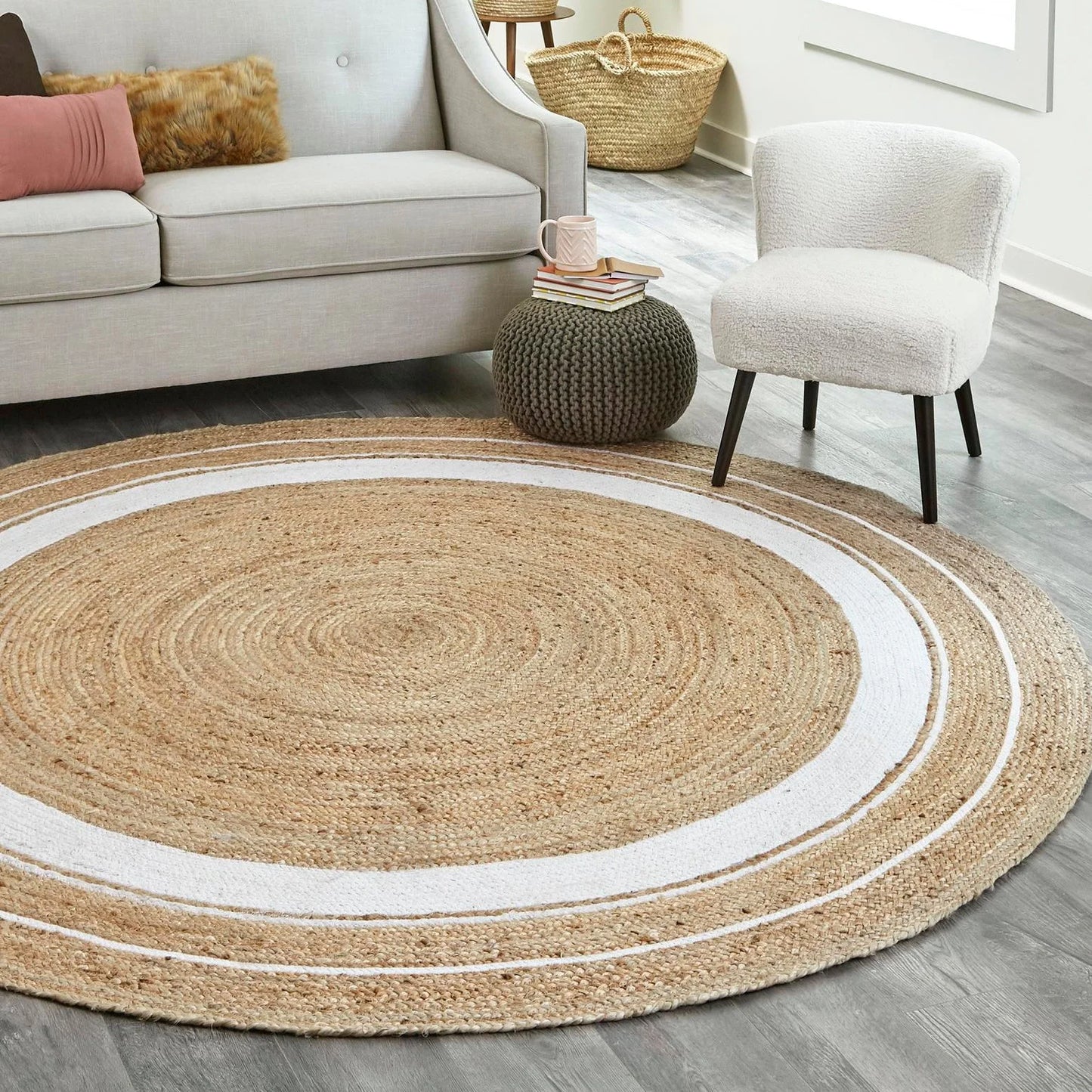 Braided Jute Collection Area Rug - Gujarat (8' round Natural and Navy Blue/Navy Blue)