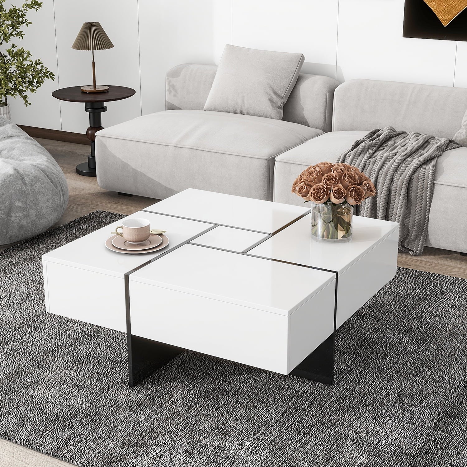 Unique Coffee Table, Side End Table with 4 Hidden Storage Compartments, Extendable Sliding Tabletop Accent Table for Living Room, Brown