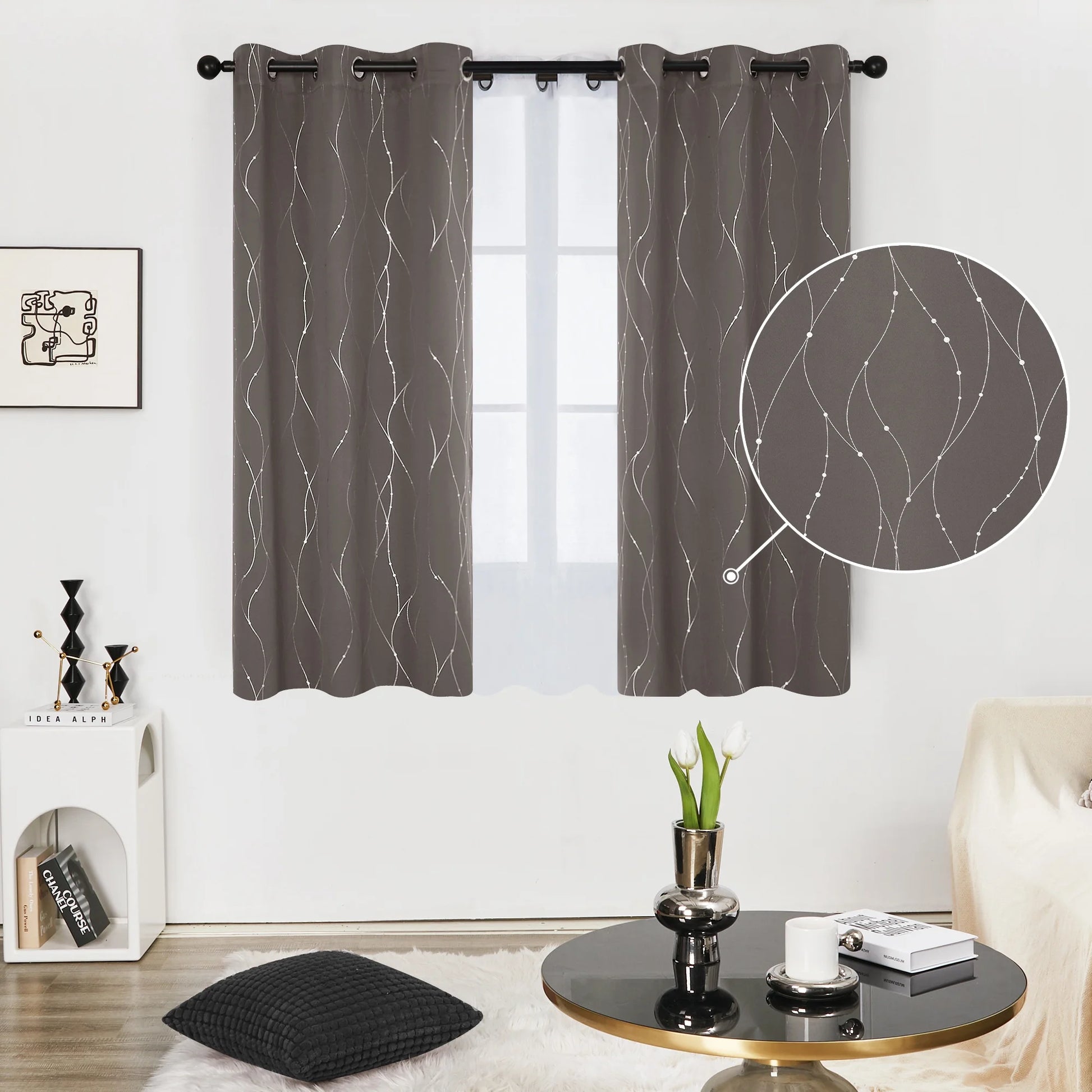 Silver Printed Blackout Curtains - 2 Panels, Wave Dots Pattern, Grommet Top, 52"X95", Thermal Insulated Drapes for Bedroom & Living Room, Gray