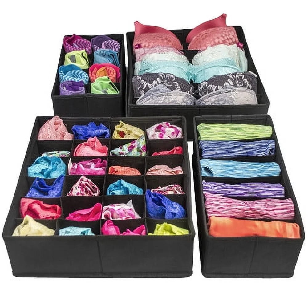 Set of 4 Foldable Drawer Dividers, Storage Boxes, Closet Organizers, under Bed Organizer, for Clothing, Shoes, Underwear, Bra, Socks and Ties (Black)
