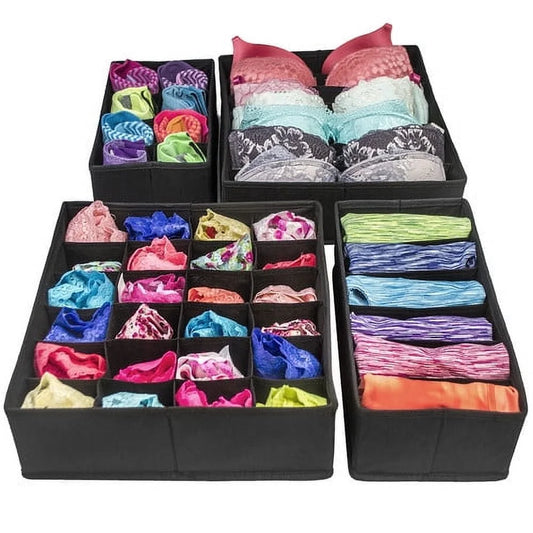 Set of 4 Foldable Drawer Dividers, Storage Boxes, Closet Organizers, under Bed Organizer, for Clothing, Shoes, Underwear, Bra, Socks and Ties (Black)