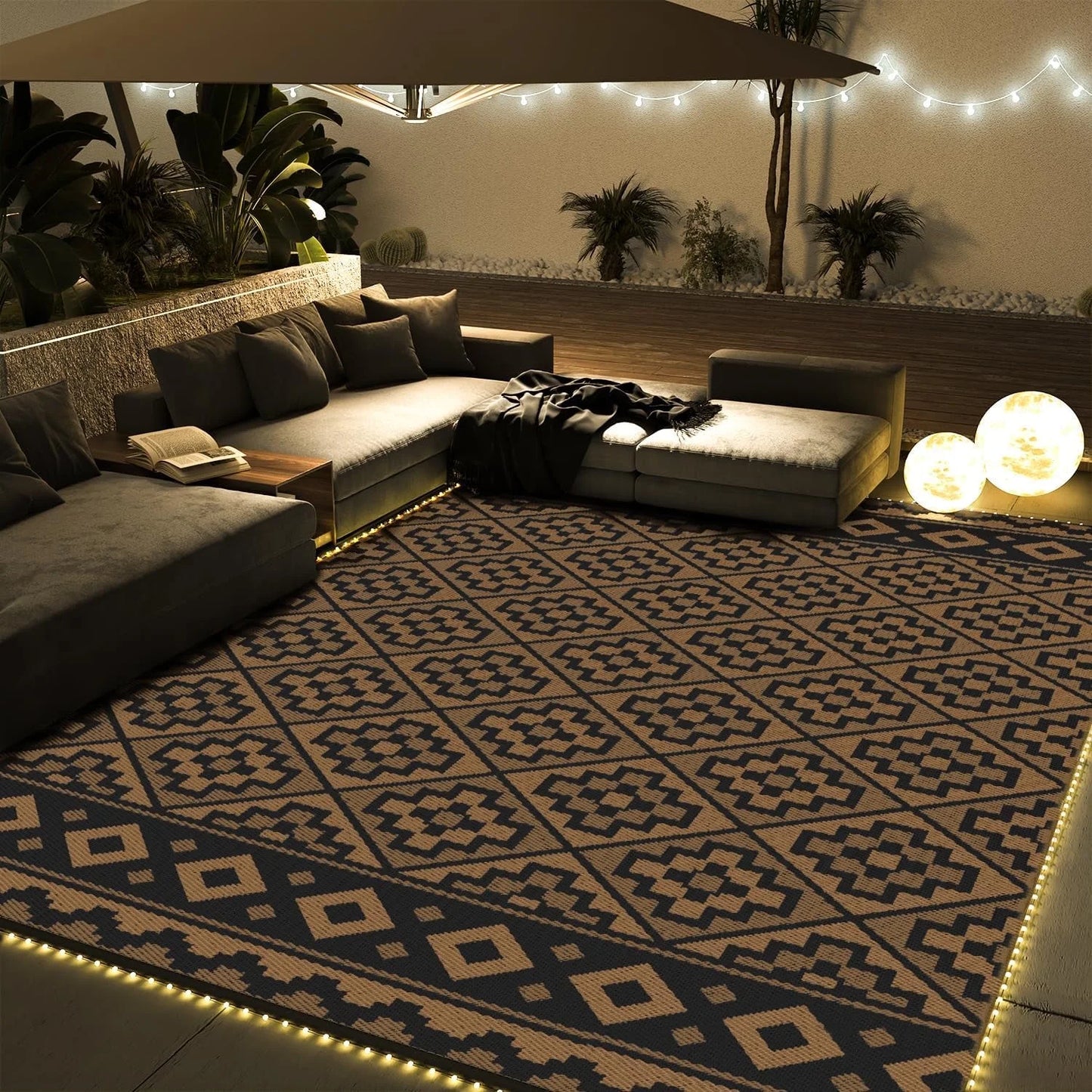 Outdoor Rug with LED Strip Lights 6'X9' Waterproof Reversible Patio Rug Foldable Plastic Straw Indoor Outdoor Rug for RV Camping Deck Balcony Porch Modern Boho Patio Decor Checkered Rug Grey