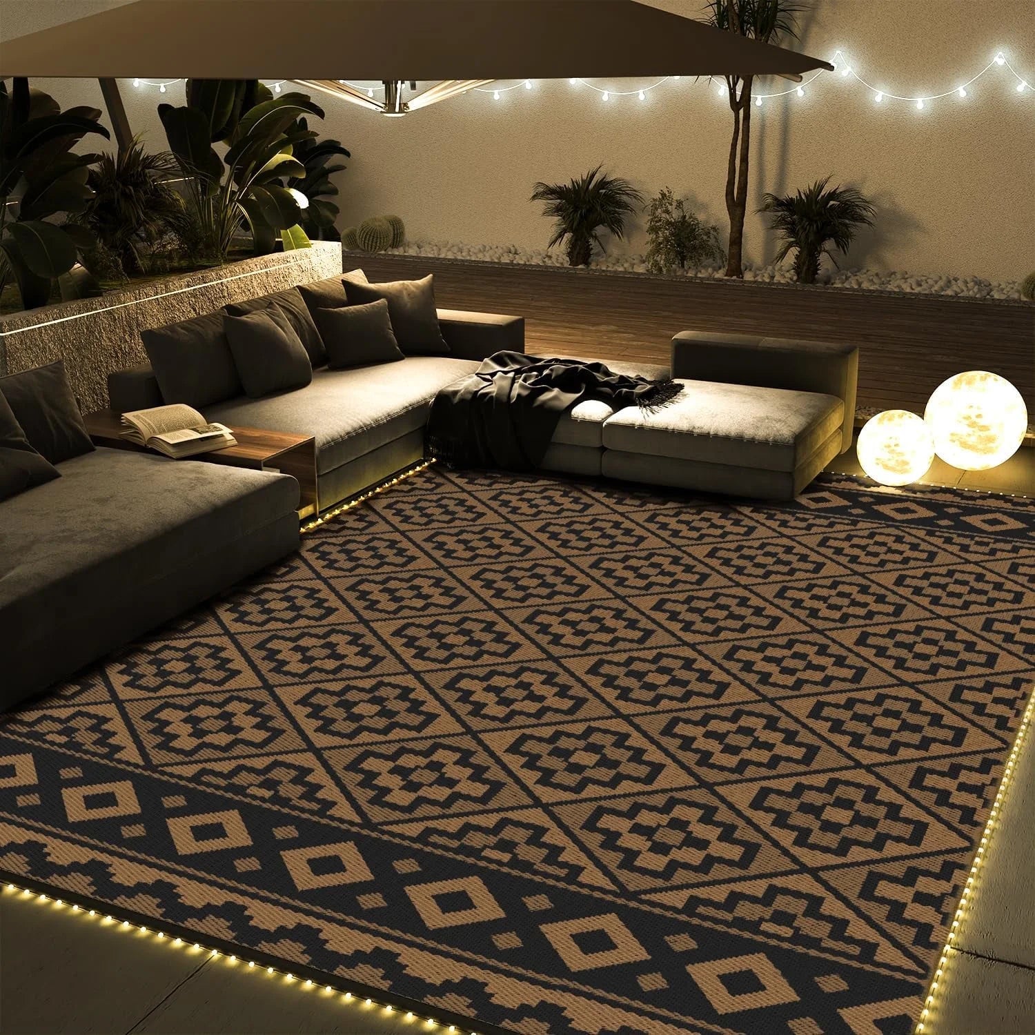 Outdoor Rug with LED Strip Lights 6'X9' Waterproof Reversible Patio Rug Foldable Plastic Straw Indoor Outdoor Rug for RV Camping Deck Balcony Porch Modern Boho Patio Decor Checkered Rug Grey