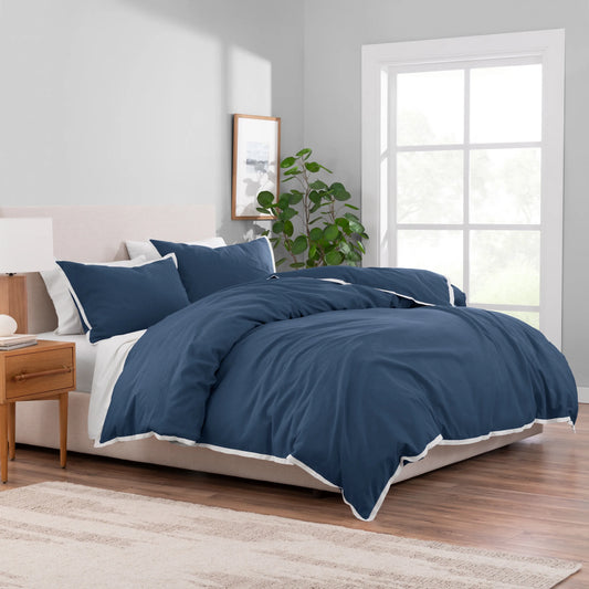3-Piece Navy Linen Duvet Cover Set, Full/Queen