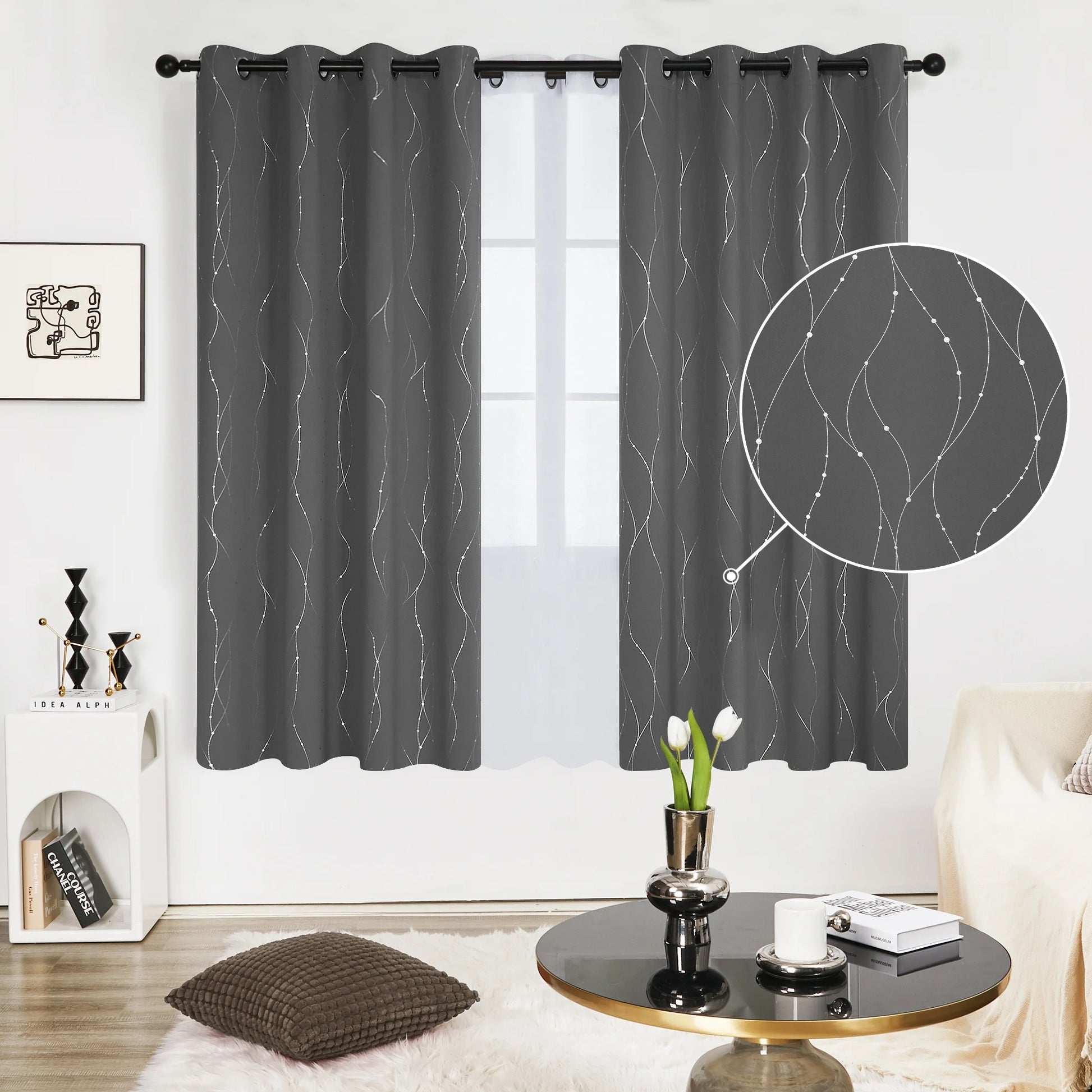 Silver Printed Blackout Curtains - 2 Panels, Wave Dots Pattern, Grommet Top, 52"X95", Thermal Insulated Drapes for Bedroom & Living Room, Gray