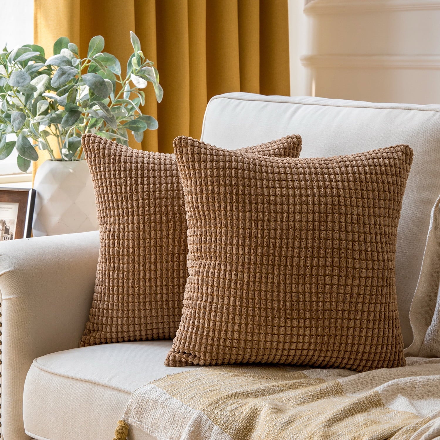 Soft Corduroy Corn Striped Velvet Series Decorative Throw Pillow, 22" X 22", Red, 2 Pack