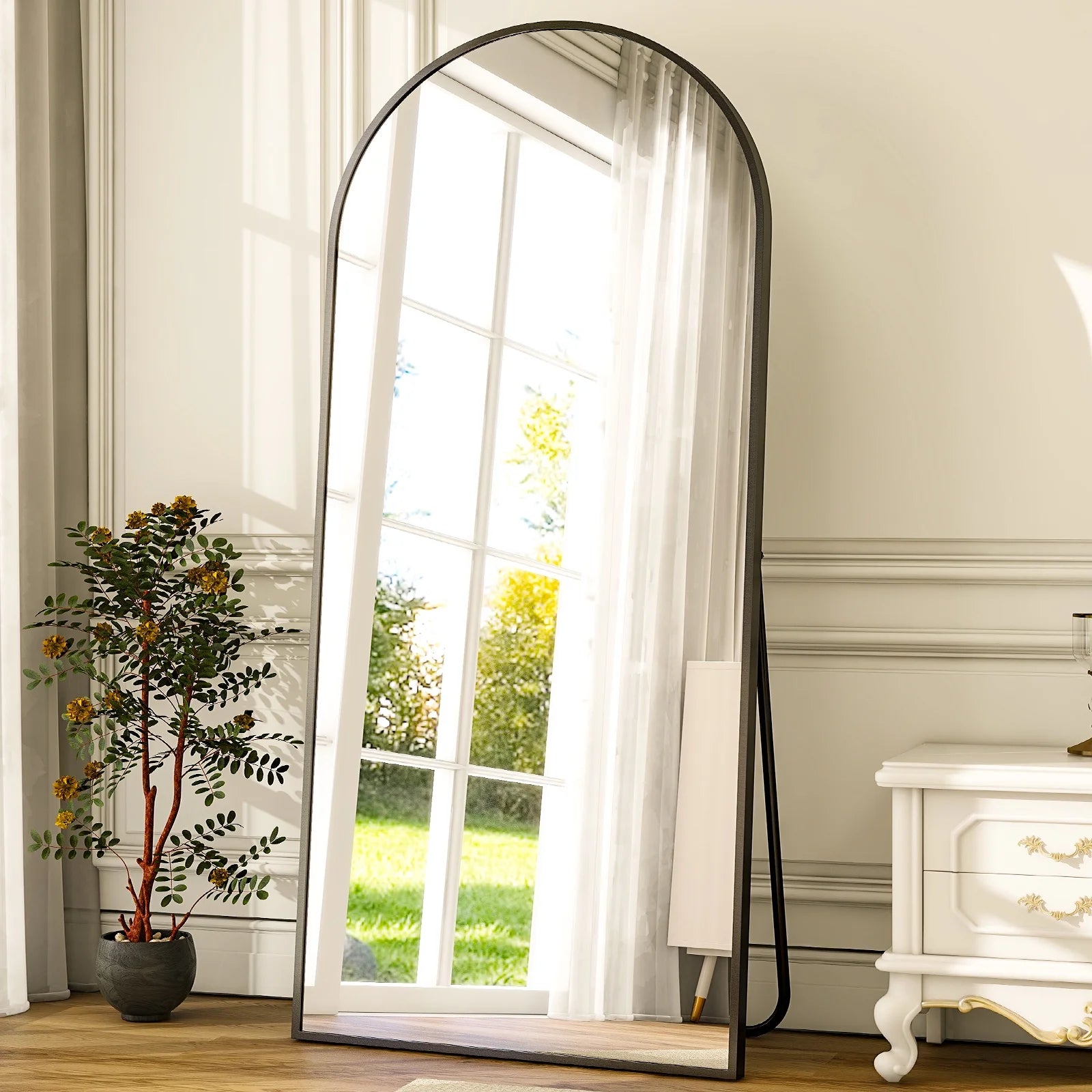 58"X18" Full Length Arch Top Mirror with Metal Frame Stand Wall Mounted, Black