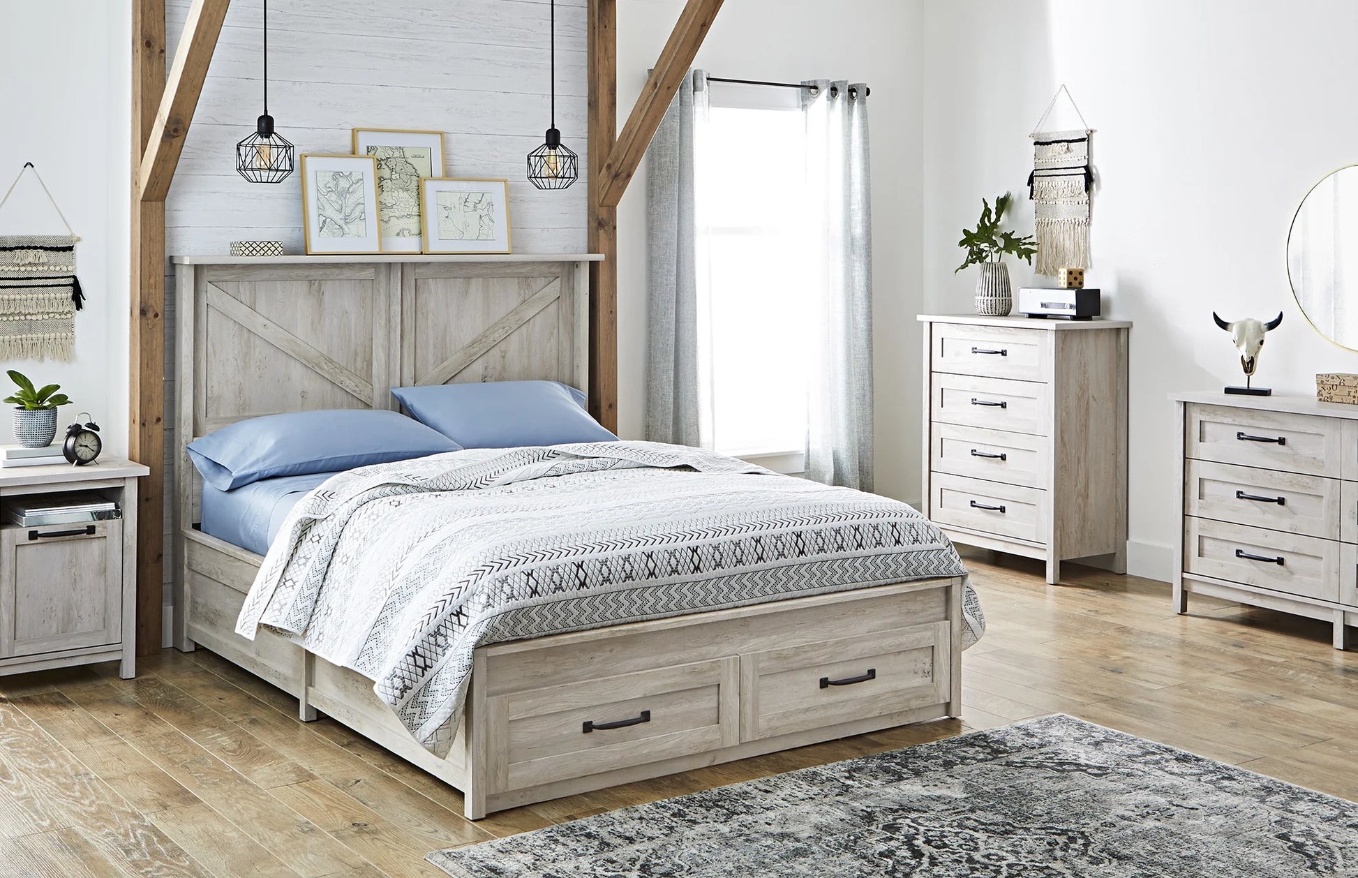 Modern Farmhouse USB Nightstand, Rustic White Finish