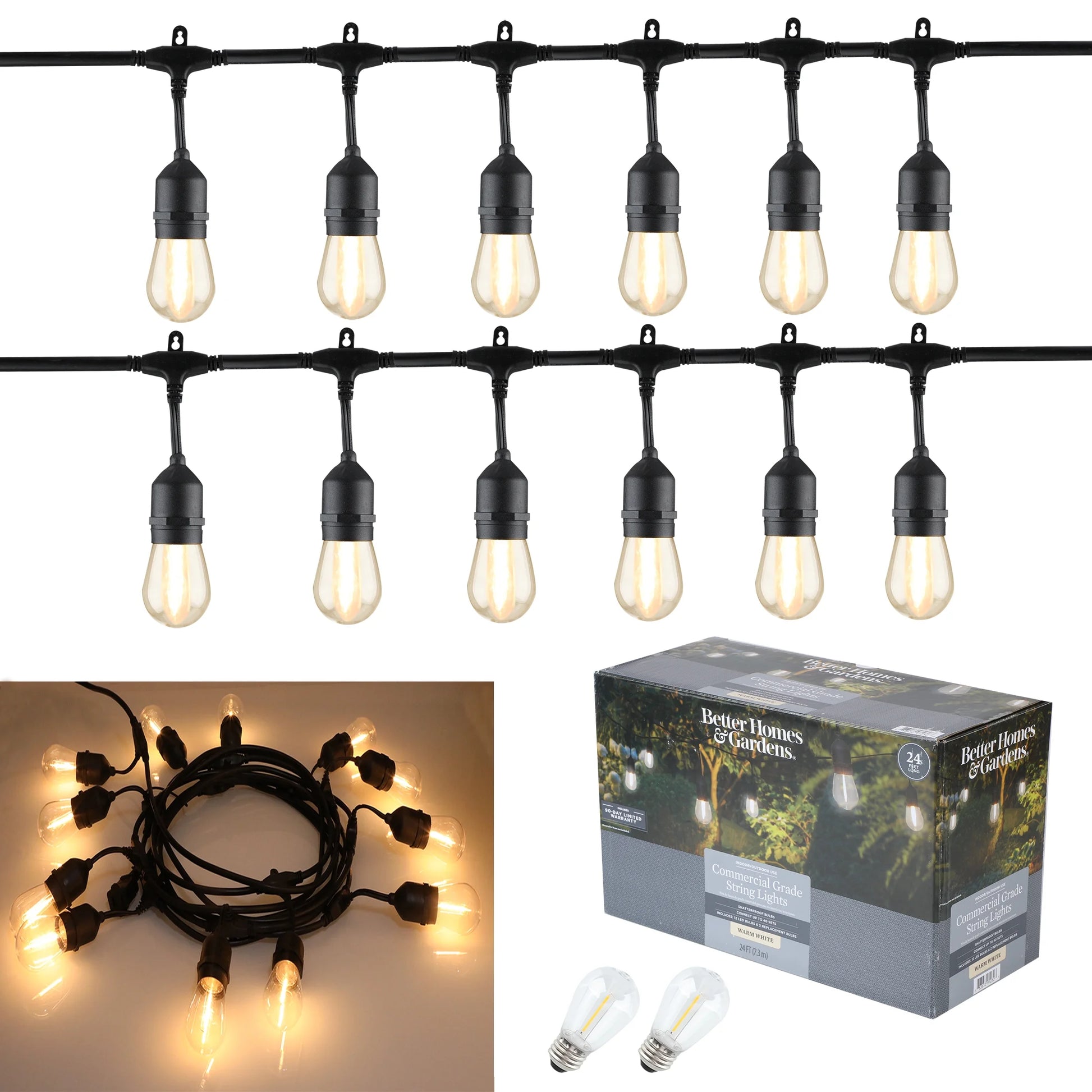 (2 Pack)  24-Foot Outdoor Commercial String Lights, 12 Shatterproof LED Bulbs, Indoor/Outdoor Use